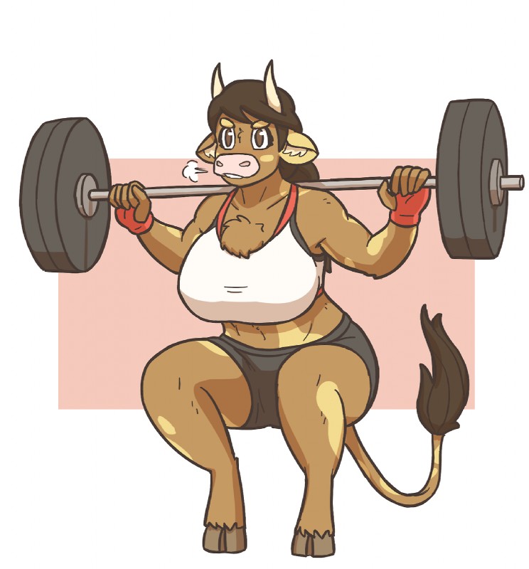 anthro big_breasts bovid bovine breasts chest_tuft clothed clothing cow_horns excercise female fingerless_gloves fur furry furry_only horns molly_(slightlysimian) pink_nose shorts simple_background slightlysimian solo sports_bra squatting tail thick_thighs visible_breath weightlifting weights working_out workout workout_clothes