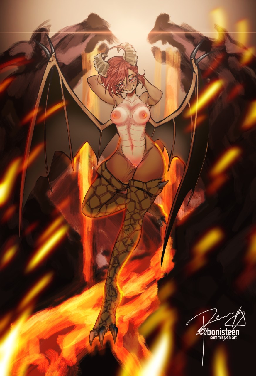 2d anthro bonisteen breasts claws crossed_legs digitigrade eyelashes female fire flying genitals hair hands_behind_head head_tuft hi_res horn ko_(e10109) kobold lava lens_flare medium_breasts membrane_(anatomy) membranous_wings nipples nude pinup pose pussy red_hair scales scalie scalie_female scalie_only signature solo solo_focus toe_claws tuft wings