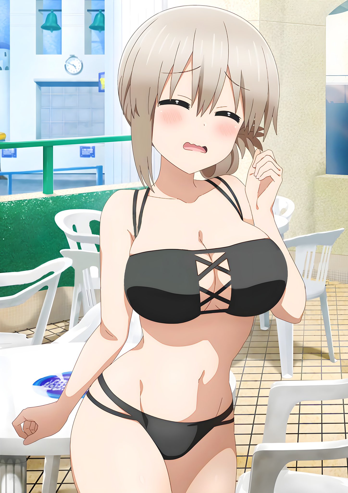 1girls, big breasts, bikini, blush, breasts, cleavage, closed eyes, female, female only, grey hair, long hair, milf, mother, nervous, nervous smile, small waist, solo, swimwear, uzaki tsuki, uzaki-chan wa asobitai!, wide hips