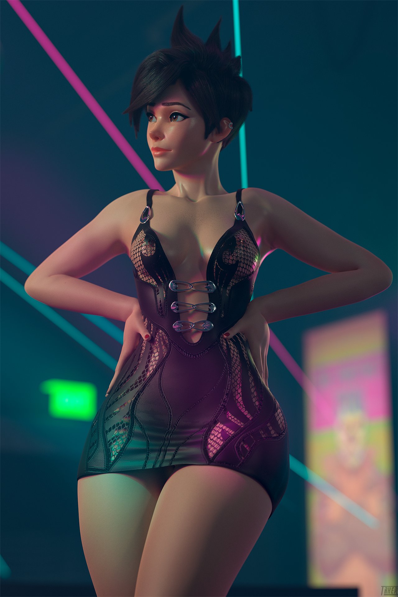1girls, 3d, female, female only, fishnet, goth, goth girl, no bra, overwatch, takerskiy, tracer