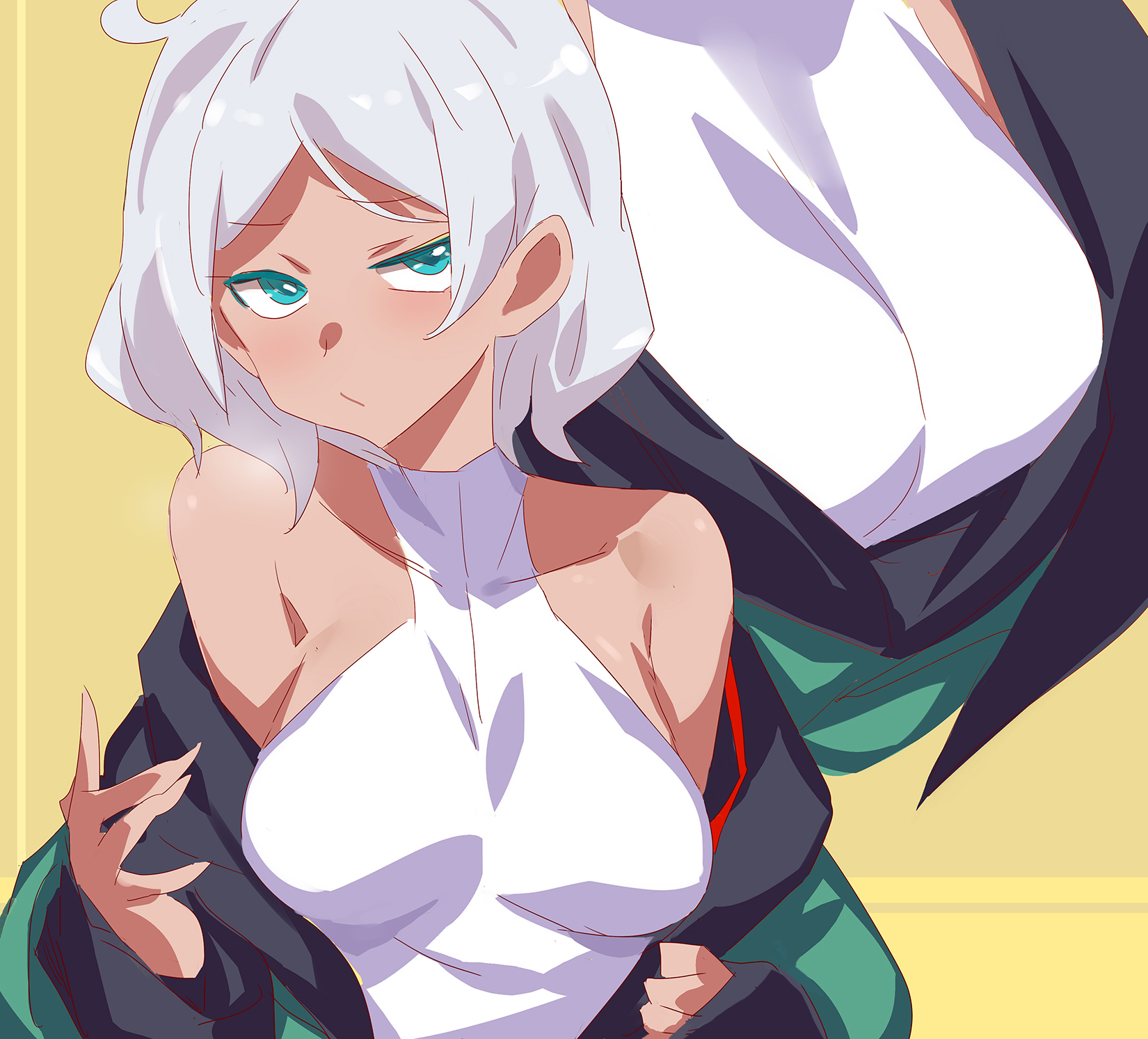 ahoge, aqua eyes, bare shoulders, breasts, collarbone, covered navel, dark skin, dark-skinned female, female, gundam, gundam suisei no majo, halterneck, highres, light purple hair, looking at viewer, medium breasts, nail polish, off shoulder, secelia dote, shirt, short hair, skin tight, sleeveless, sleeveless shirt, upper body, white shirt, yellow background, yostxxx