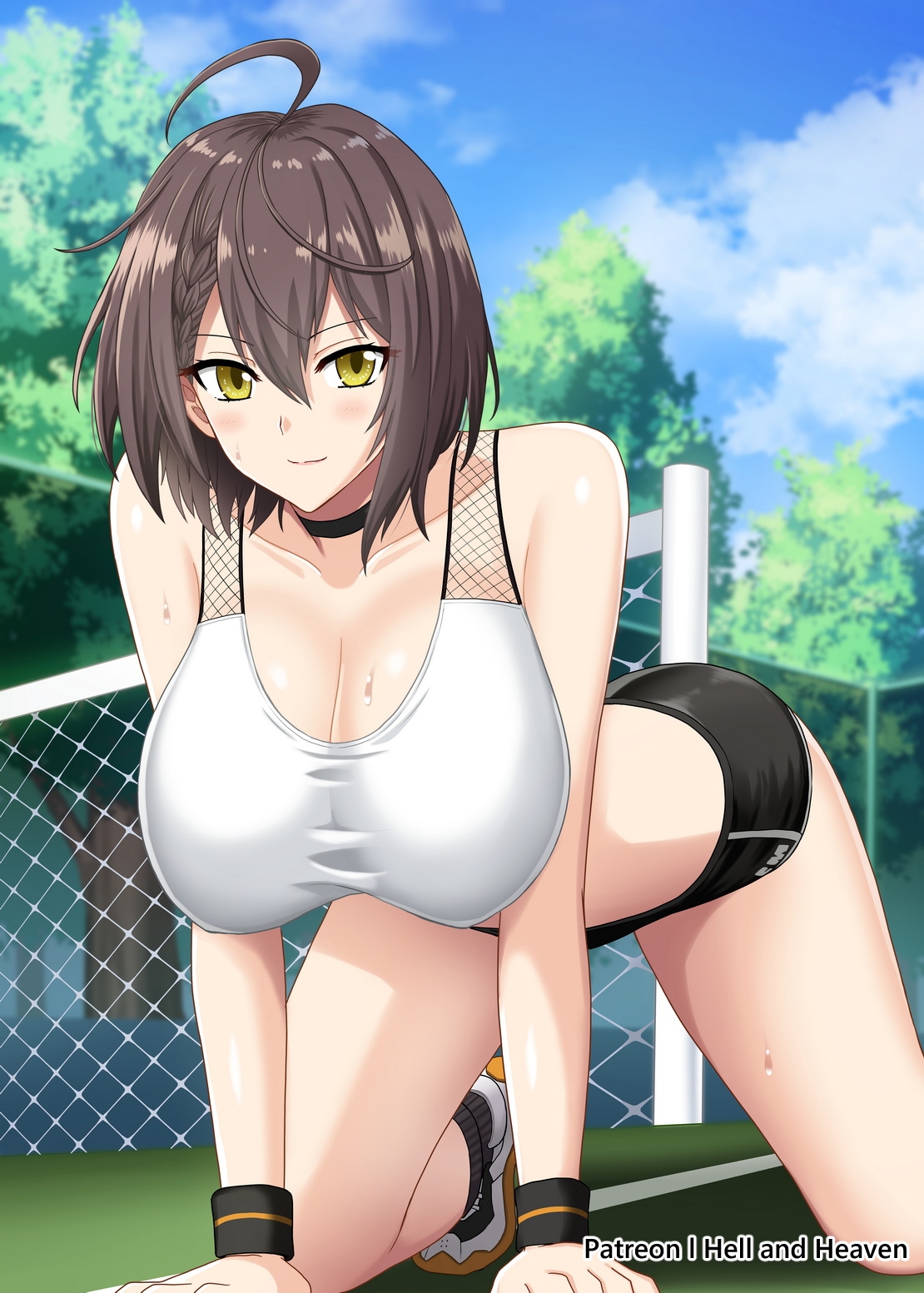 1girls, ahoge, azur lane, baltimore (azur lane), big breasts, braid, breasts, brown hair, dress, female, hellandheaven, partially clothed, solo, sweat, yellow eyes