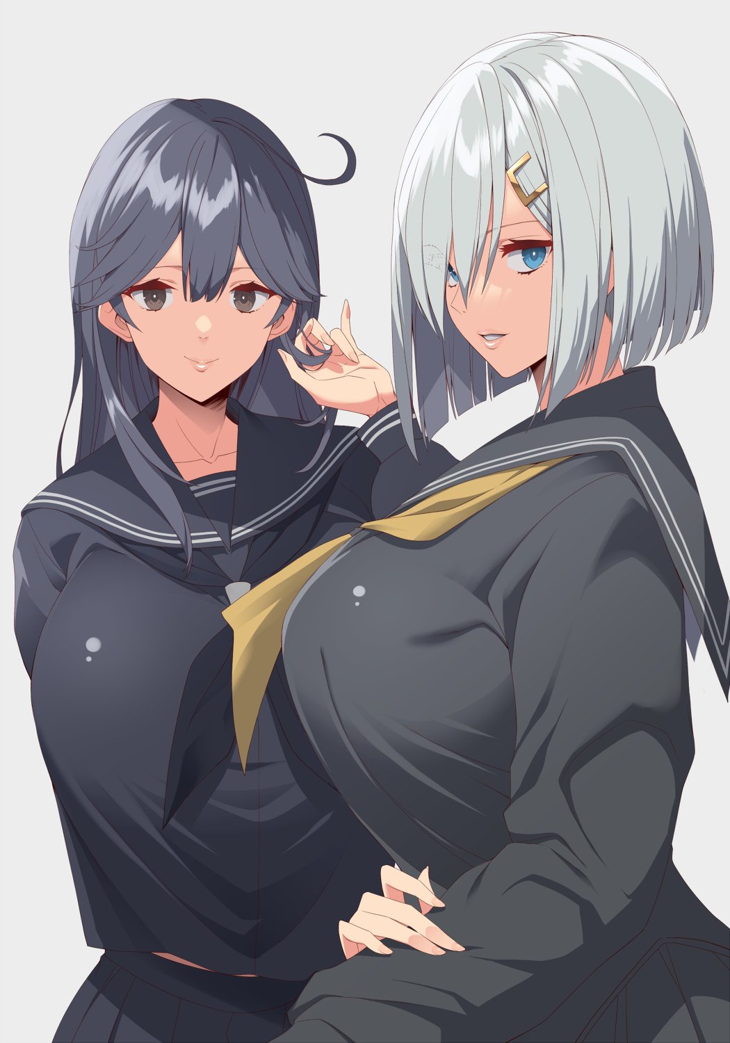 2girls ahoge alternate_color black_hair black_hair_female black_neckerchief black_sailor_collar black_school_uniform black_serafuku blank_background blue_eyes blue_eyes_female breasts brown_eyes brown_eyes_female closed_mouth fingernails fully_clothed grey_hair grey_hair_female hair_between_eyes hair_ornament hairclip hamakaze_(kantai_collection) hi_res high_resolution highres huge_breasts kantai_collection kloah lip_gloss long_hair long_sleeves looking_at_viewer looking_to_the_side multiple_females multiple_girls neckerchief parted_lips plain_background playing_with_own_hair sailor_collar school_uniform schoolgirl_uniform schoolgirls serafuku shiny_lips short_hair sideboob simple_background smile smiling_at_viewer upper_body ushio_(kantai_collection) voluptuous white_background yellow_neckerchief