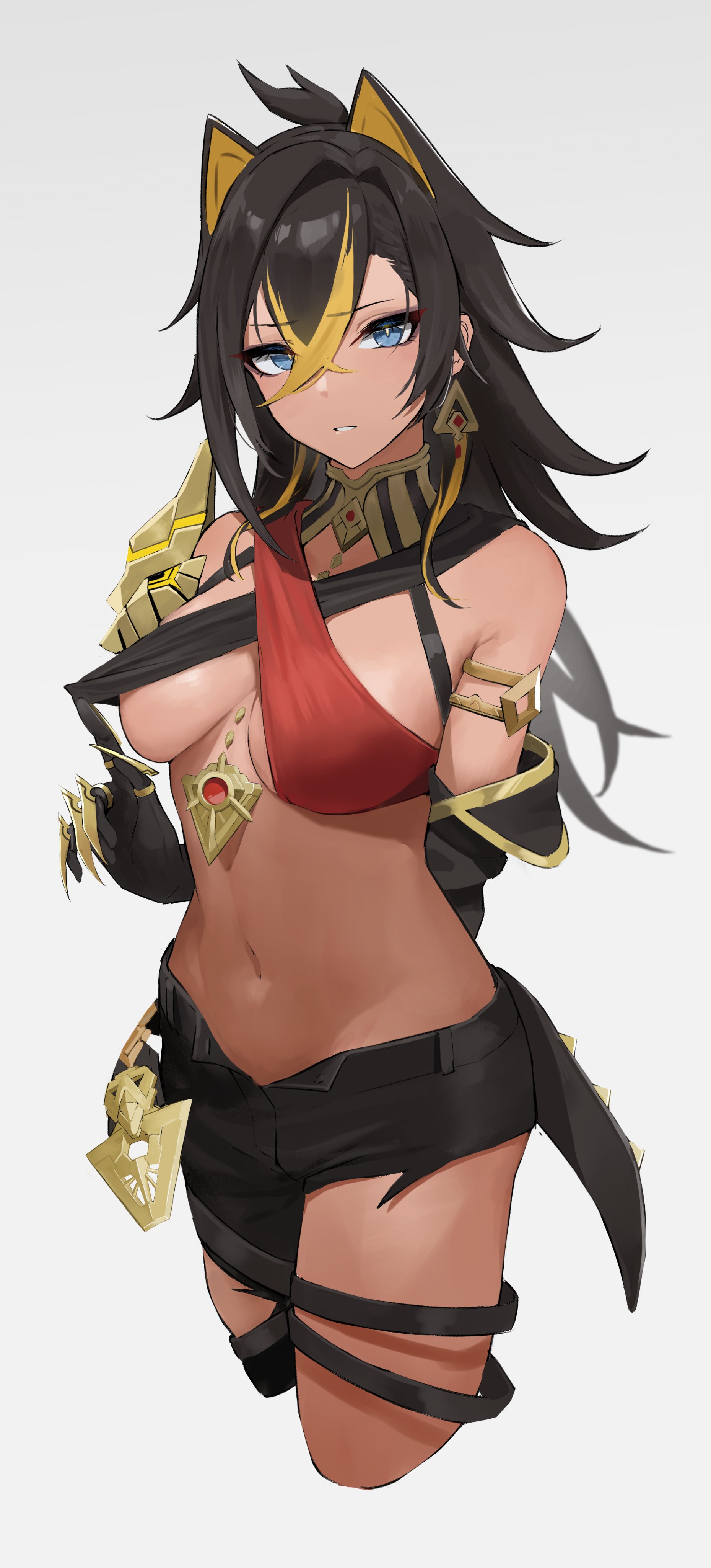 1girls, blue eyes, brown hair, dehya (genshin impact), female, genshin impact, multicolored hair, takita