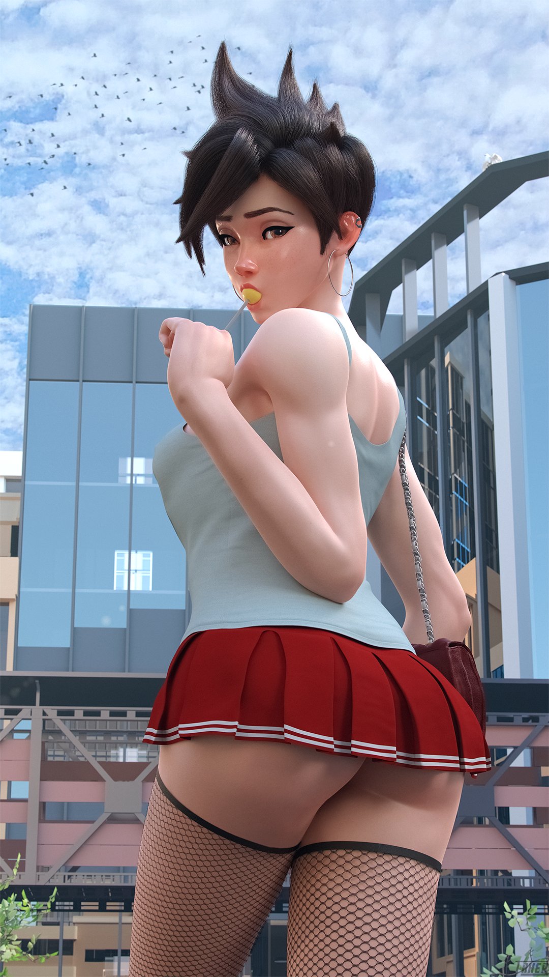 1girls, 3d, ass peek, female, female focus, female only, fishnets, hoop earrings, lollipop, looking at viewer, overwatch, plaid skirt, school uniform, seductive, skirt, solo, stockings, takerskiy, tracer