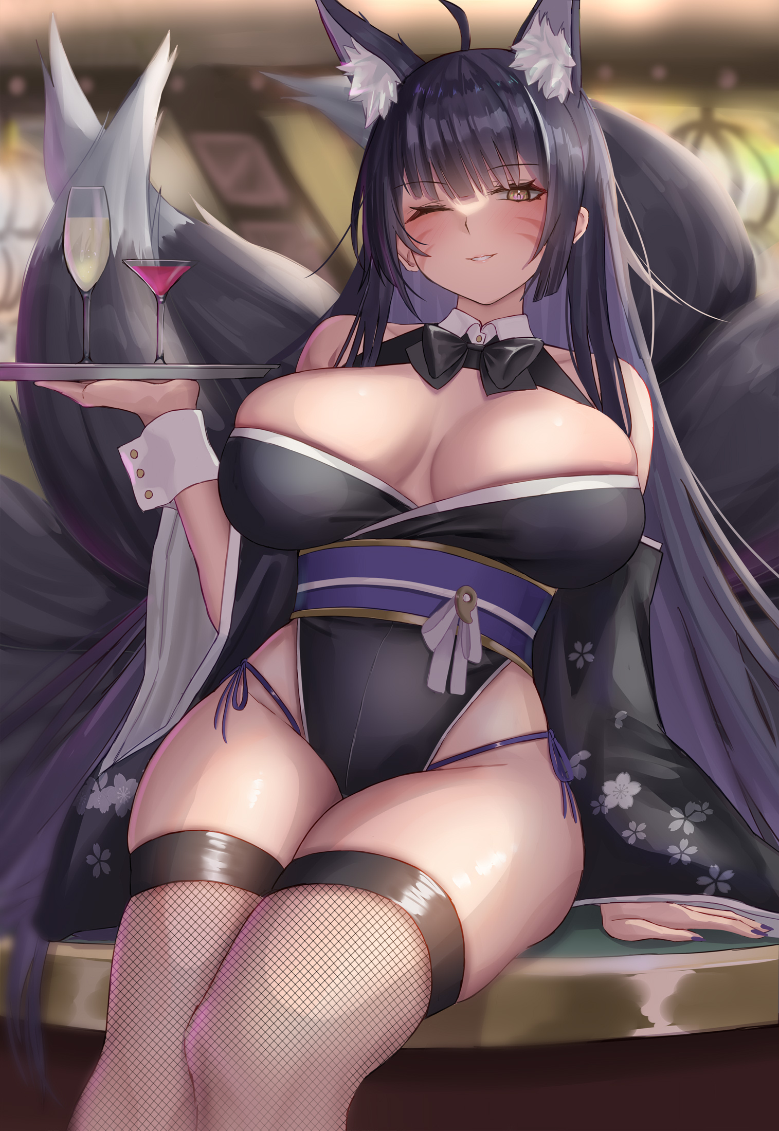 1girls, azur lane, black hair, breasts, female, fluffy ears, fluffy tail, fox ears, fox girl, fox tail, hi res, hips, kitsune, large breasts, light skin, light-skinned female, long hair, multi tail, musashi (azur lane), satou aji, skindentation, tail, tails, thick thighs, thighhighs, thighs, wide hips, yellow eyes