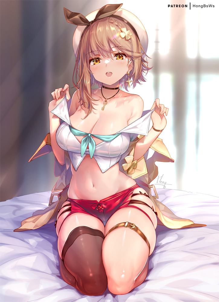1girls, atelier (series), atelier ryza, bare shoulders, bed, female, hips, hong (white spider), indoors, light skin, light-skinned female, looking at viewer, reisalin stout, teasing, undressing, waist