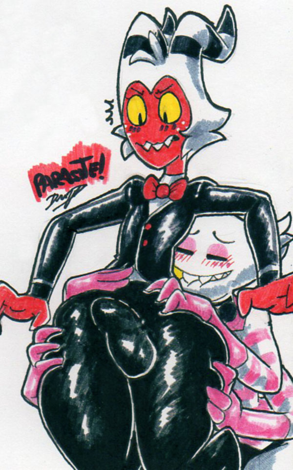 10:16, 2 horns, 2020, 2020s, 4 arms, angel dust (hazbin hotel), animal humanoid, anthro, arachnid, arachnid humanoid, arthropod, arthropod humanoid, ass, ass grab, big ass, big butt, bite, biting lip, biting own lip, black clothing, black eyelashes, black pupils, black topwear, blush, bottomless, bow tie, bulge, butt grab, closed eyes, clothed, clothing, demon, duo, eyelashes, fangs, hair, hand on ass, hand on butt, hazbin hotel, helluva boss, horn, humanoid, imp, leg grab, looking down, male, male/male, monochrome, moxxie (helluva boss), multi arm, multi limb, narrowed eyes, parasitedeath, pupils, self bite, signature, simple background, spider, spider humanoid, squish, standing, thigh grab, thigh squish, topwear, traditional media (artwork), vivienne medrano, vivziepop, white background, white hair