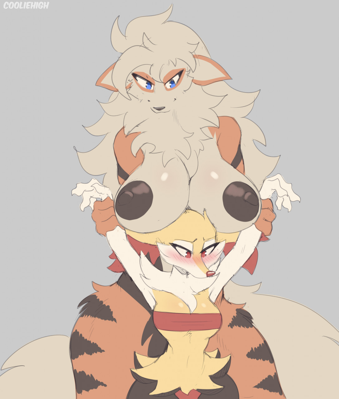 anthro, arcanine, areola, armpits, biped, blue eyes, blush, braixen, breasts, cooliehigh, duo, female, generation 1 pokemon, generation 6 pokemon, glistening, glistening breasts, hi res, holding arms, nintendo, nipples, orange body, pokémon (species), pokemon, pokemon (species), red eyes, simple background, snout, video games, white body