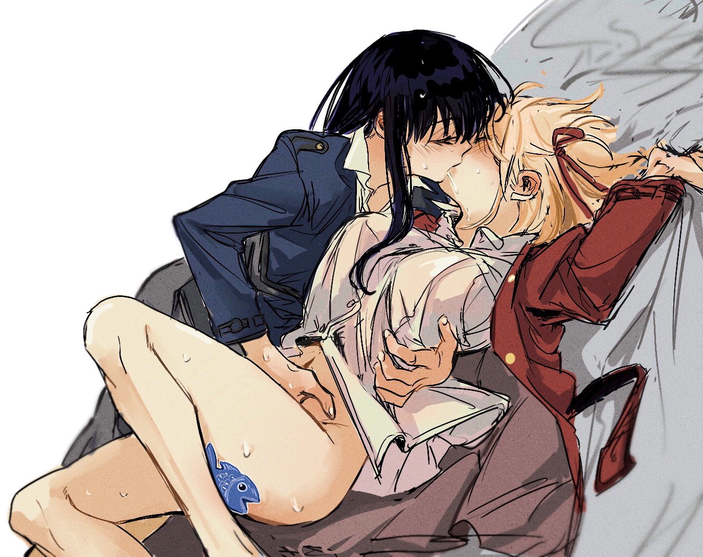 2girls, black hair, blonde hair, blush, bottomless, breasts, censored, closed eyes, clothed sex, embrace, female, fingering, girls kissing, inoue takina, kissing, koyomania, lesbian sex, lycoris recoil, nishikigi chisato, pants removed, passionate, saliva trail, sheet grab, sideass, sweat, yuri