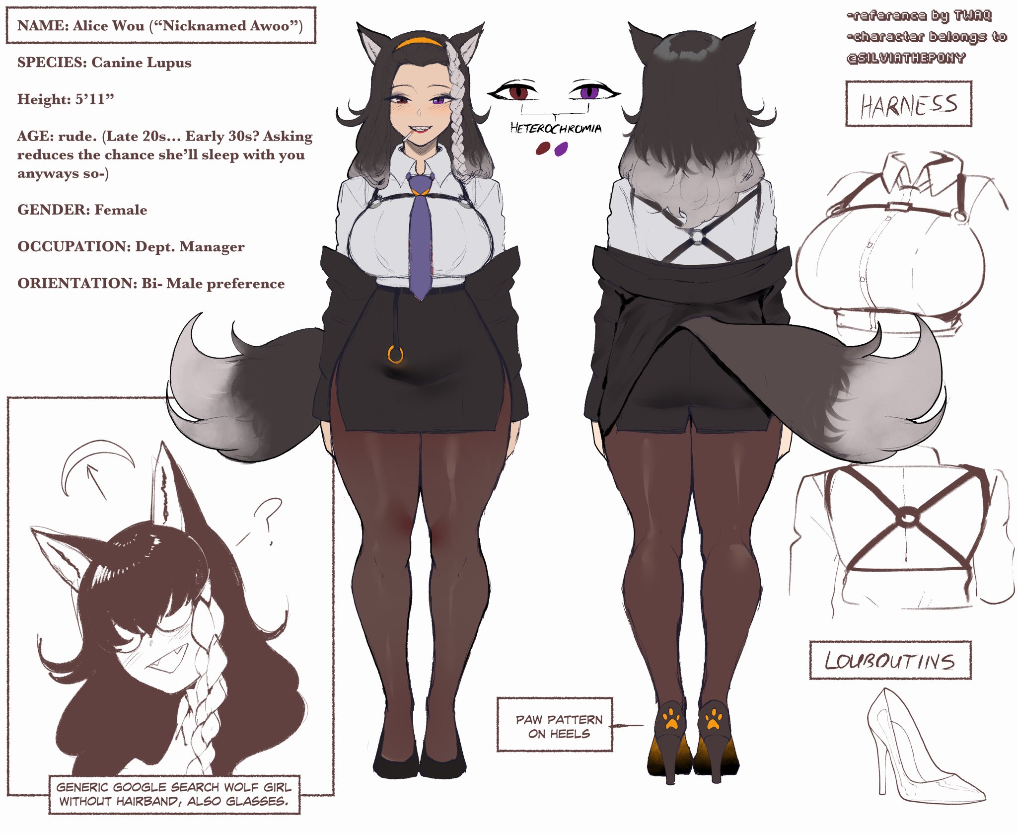 alice (silviathepony), big breasts, bisexual, bisexual female, breasts, character sheet, color, colored, concept art, dog ears, dog girl, dog tail, english text, female, harness, heels, heterochromia, high heels, huge breasts, kemonomimi, office lady, original, original character, tail, thiccwithaq