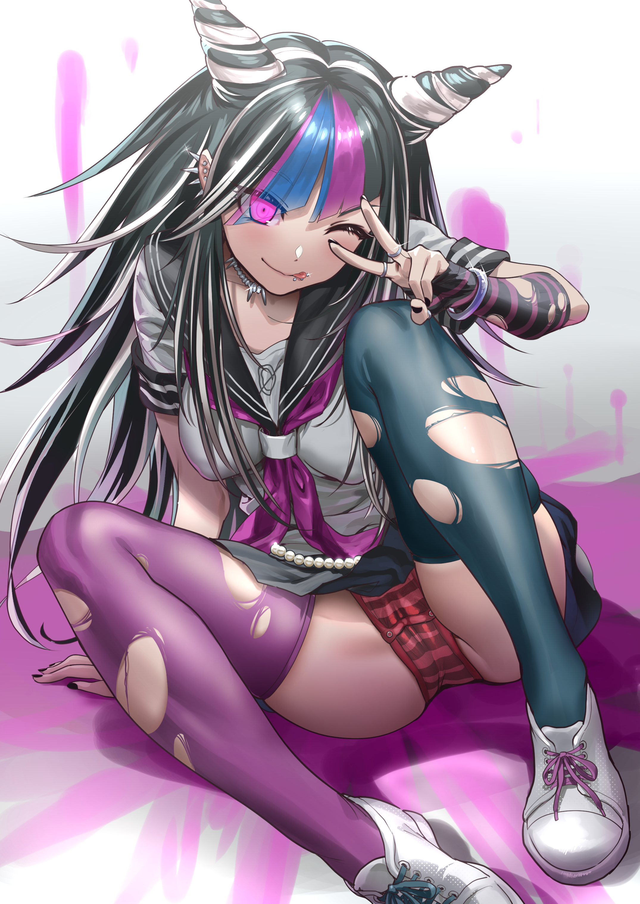 alternate version available, andou shuki, breasts, danganronpa, danganronpa 2: goodbye despair, female, female only, mioda ibuki, nipple bulge, panties, straight hair, super danganronpa 2, thighhighs, thighs, torn clothes, upskirt