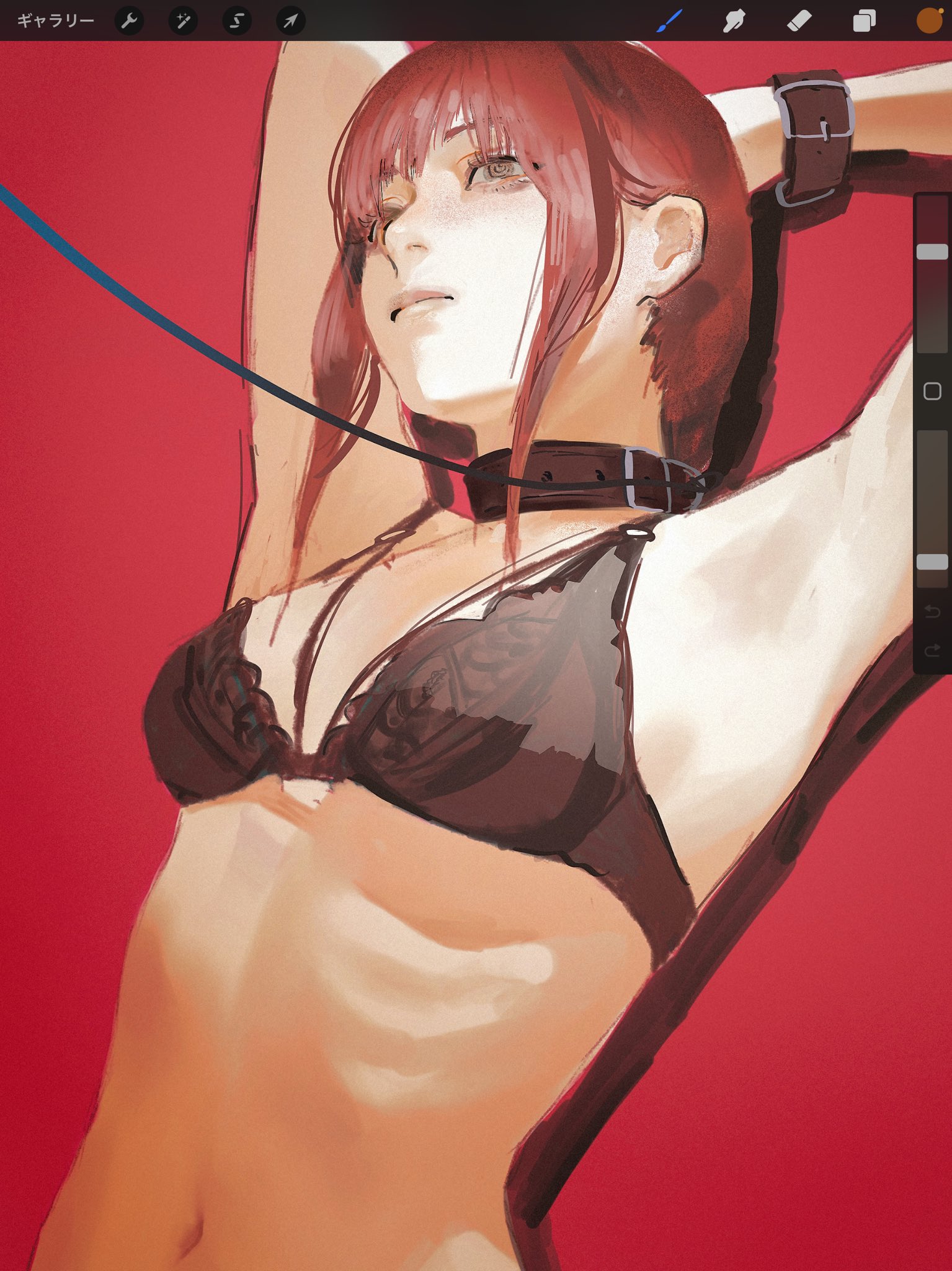 arms up, belly button, bra, breasts, chainsaw man, choker, female, haneda2007, leash, lingerie, lingerie only, long hair, looking away, makima (chainsaw man), procreate (software), red hair, slim waist, yellow eyes