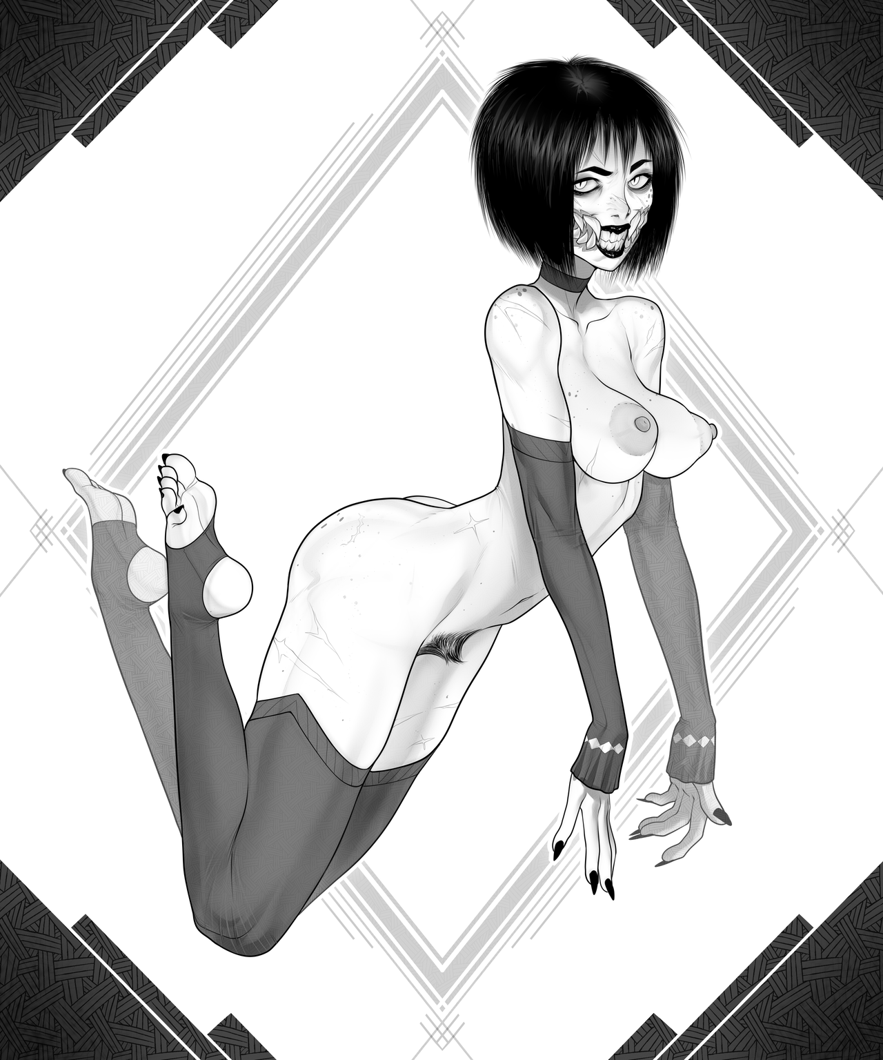 1girls, 2022, 2d, adorable, ass, big ass, big breasts, black hair, bob cut, breasts, collar, cute, derek hetrick, detached sleeves, feet, feet up, female, full lips, grundelsmoochart, hairy pussy, light skin, light-skinned female, looking at viewer, mature female, mileena, monster girl, mortal kombat, mortal kombat x, naked thighhighs, navel, nightmare waifu, nipples, perky breasts, pubic hair, pussy, scars, sharp teeth, slim waist, thick thighs, thighhighs, villainess