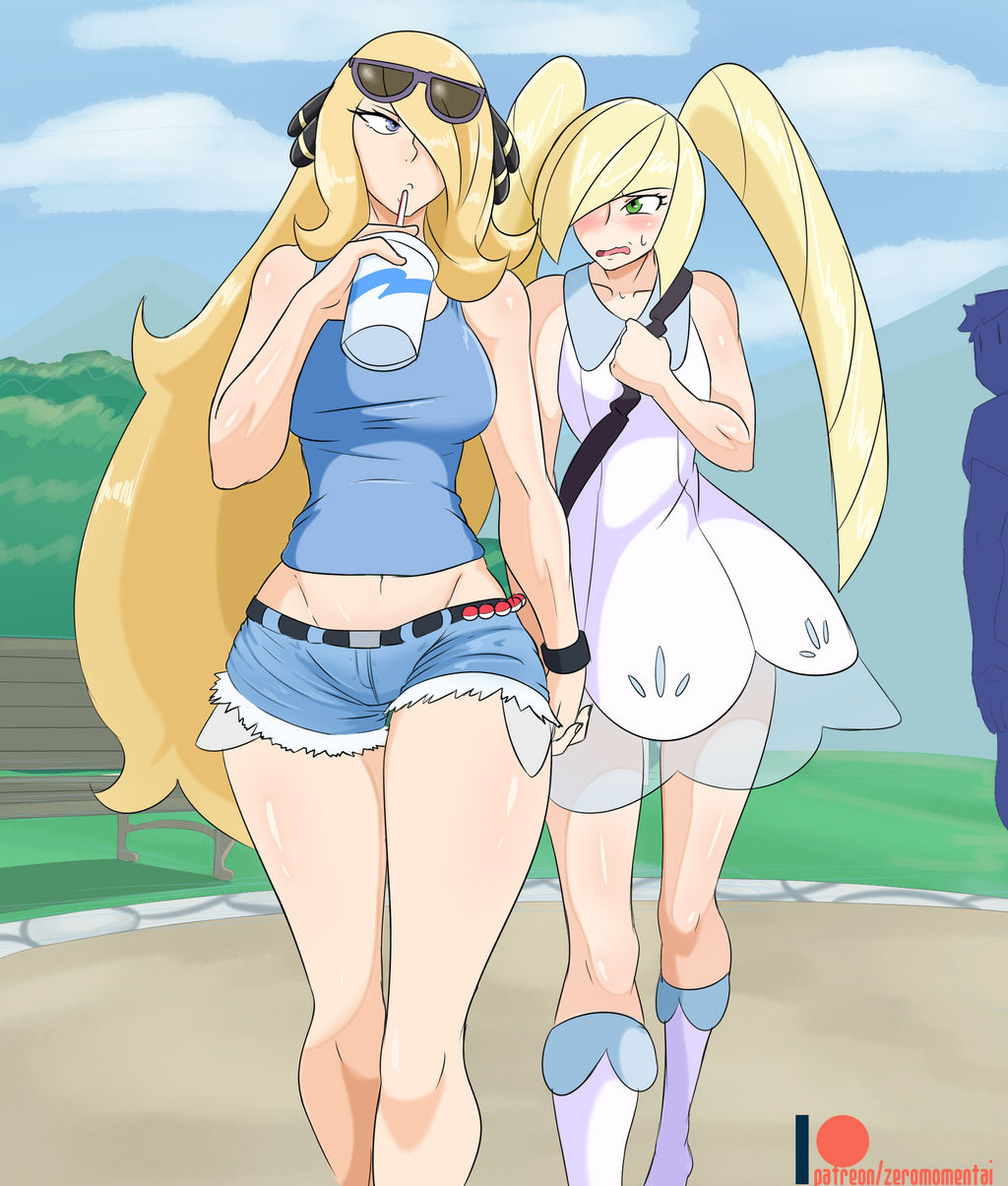 2girls bench blonde_hair blue_eyes blue_tank_top breasts clouds cosplay cynthia_(pokemon) dress drink female female_only green_eyes hair_ornament hair_over_one_eye holding_drink holding_hands jean_shorts large_breasts lillie_(pokemon)_(cosplay) long_hair lusamine_(pokemon) midriff multiple_girls navel nintendo onlooker outside park park_bench pokeball pokemon pokemon_dppt pokemon_sm shoulder_bag sky sunglasses_on_head tank_top thigh_boots twintails white_dress zeromomentai