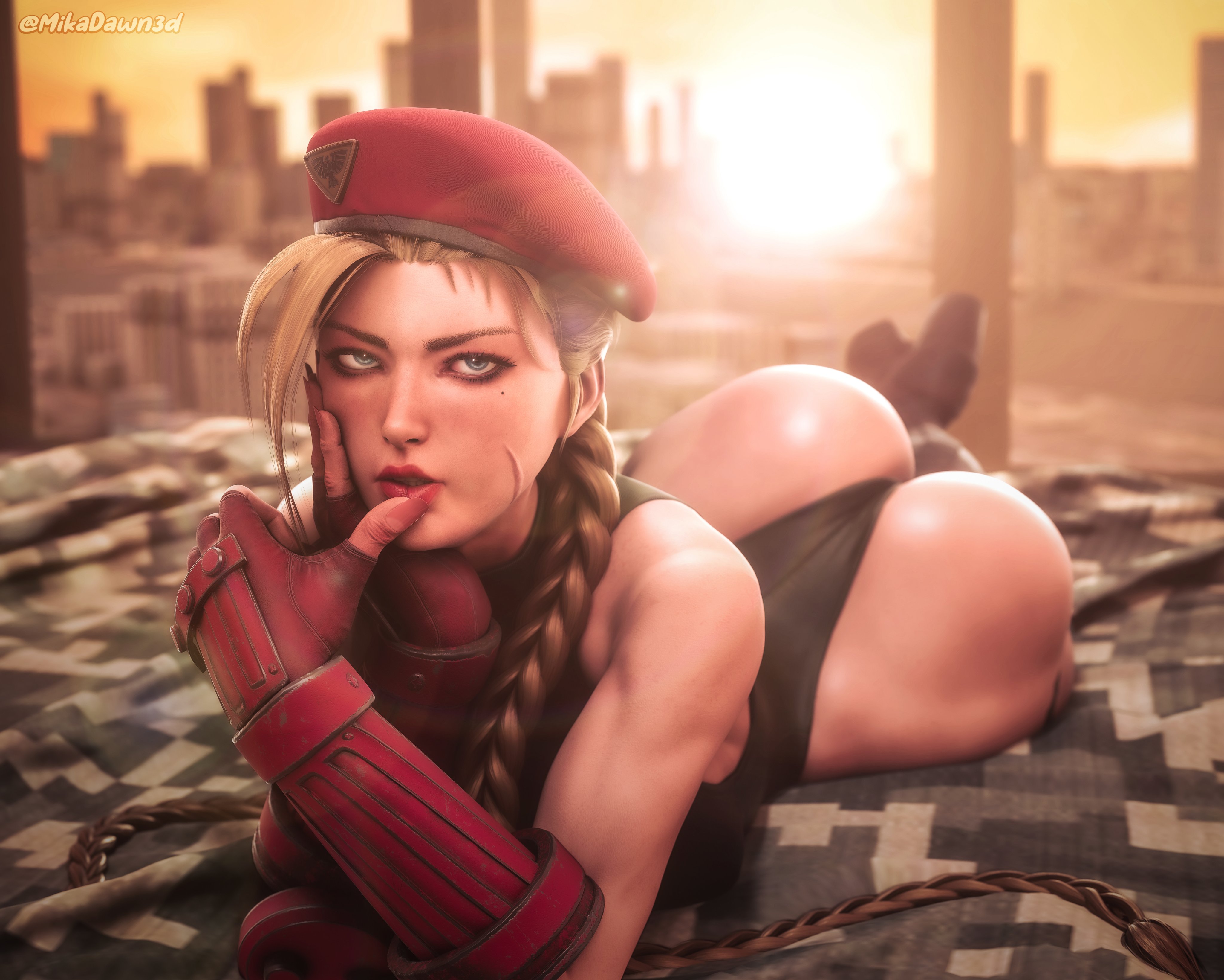 1girls, 3d, 3d (artwork), armwear, ass, beret, big ass, blonde hair, blue eyes, boots, braid, cammy white, capcom, clothing, curvaceous, female, female only, green leotard, hair, hat, headwear, huge ass, leotard, lips, looking at viewer, mikadawn, mole, mole under eye, on bed, red gloves, solo, solo female, street fighter, thick lips, thong leotard