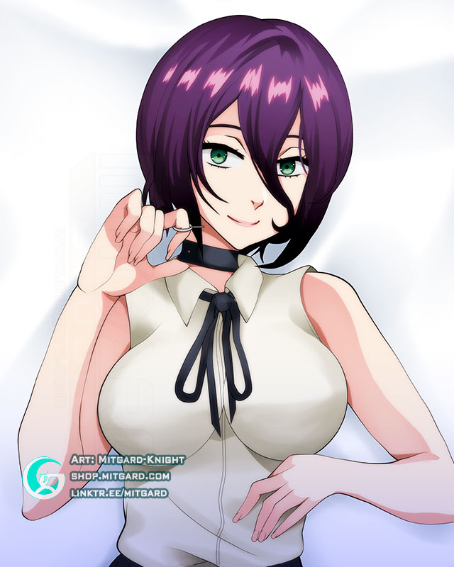 1girls above_view bedroom chainsaw_man choker cute dakimakura fringe green_eyes looking_at_viewer mappa mitgard-knight on_bed petite purple_hair reze_(chainsaw_man) teenager tied_hair