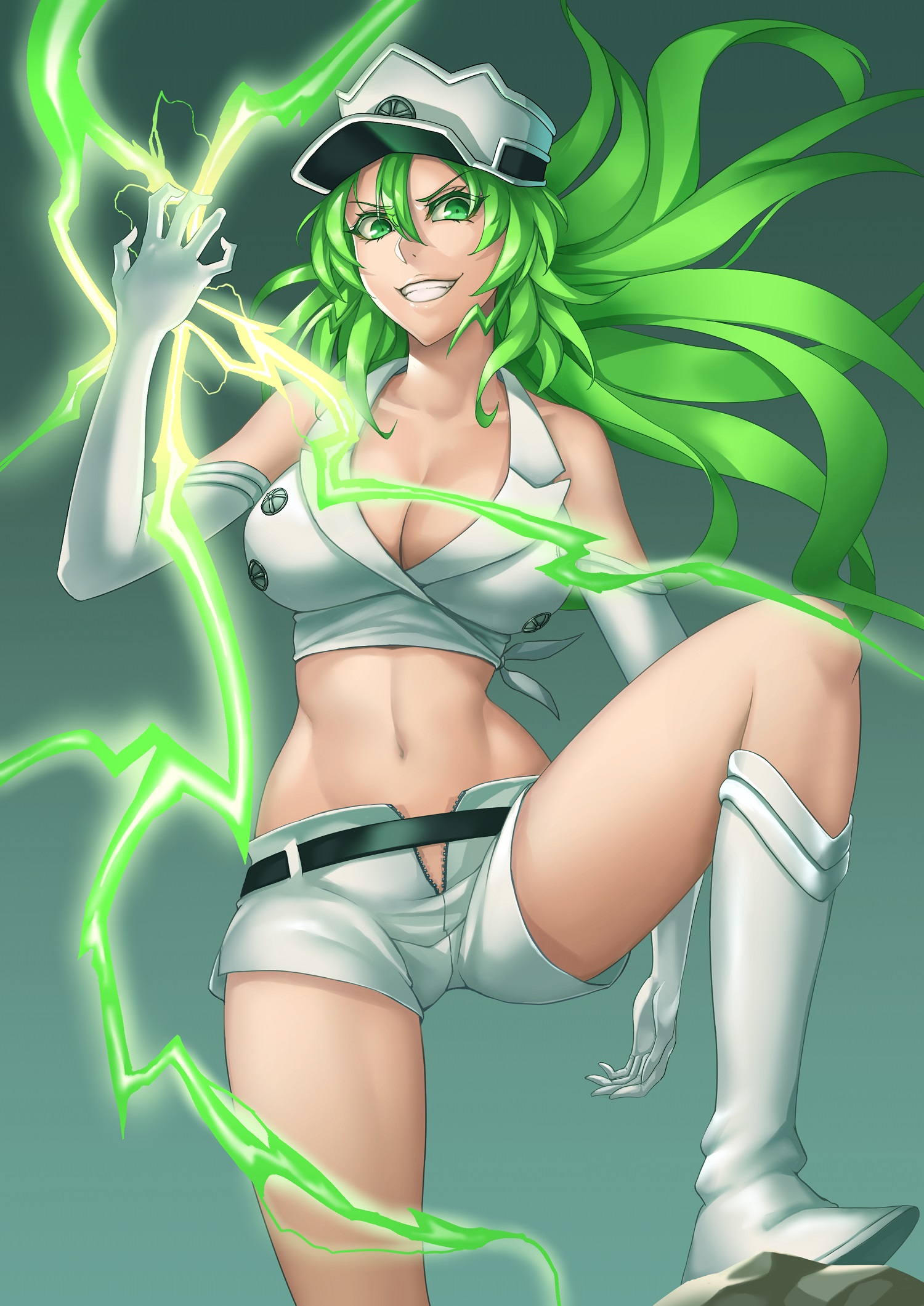 1girls, bare shoulders, belt, big breasts, black belt, bleach, bleach: the thousand-year blood war, boots, breasts, candice catnipp, cleavage, collarbone, crop top, electricity, female, female focus, female only, gloves, green eyes, green hair, grinding, hair between eyes, hat, large penis, light skin, light-skinned female, long hair, looking at viewer, male, midriff, navel, open mouth, peaked cap, penis, sakuya (liao kj), shirt, short shorts, shorts, simple background, sleeveless, sleeveless shirt, smile, smiling at viewer, solo, solo female, solo focus, teeth, teeth showing, teeth visible, thighs, unzipped, unzipped pants, unzipped shorts, white footwear, white gloves, white headwear, white shirt, white shorts