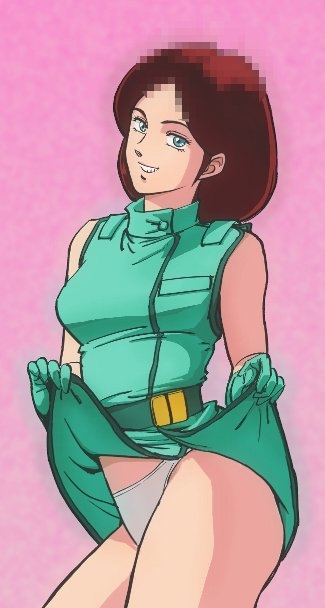 breasts chira-urahma emma_sheen flashing_panties green_dress green_eyes green_gloves gundam lifting_skirt light-skinned_female light_skin looking_at_viewer meme mosaic_censoring panties pink_background satire simple_background smiling white_panties zeta_gundam