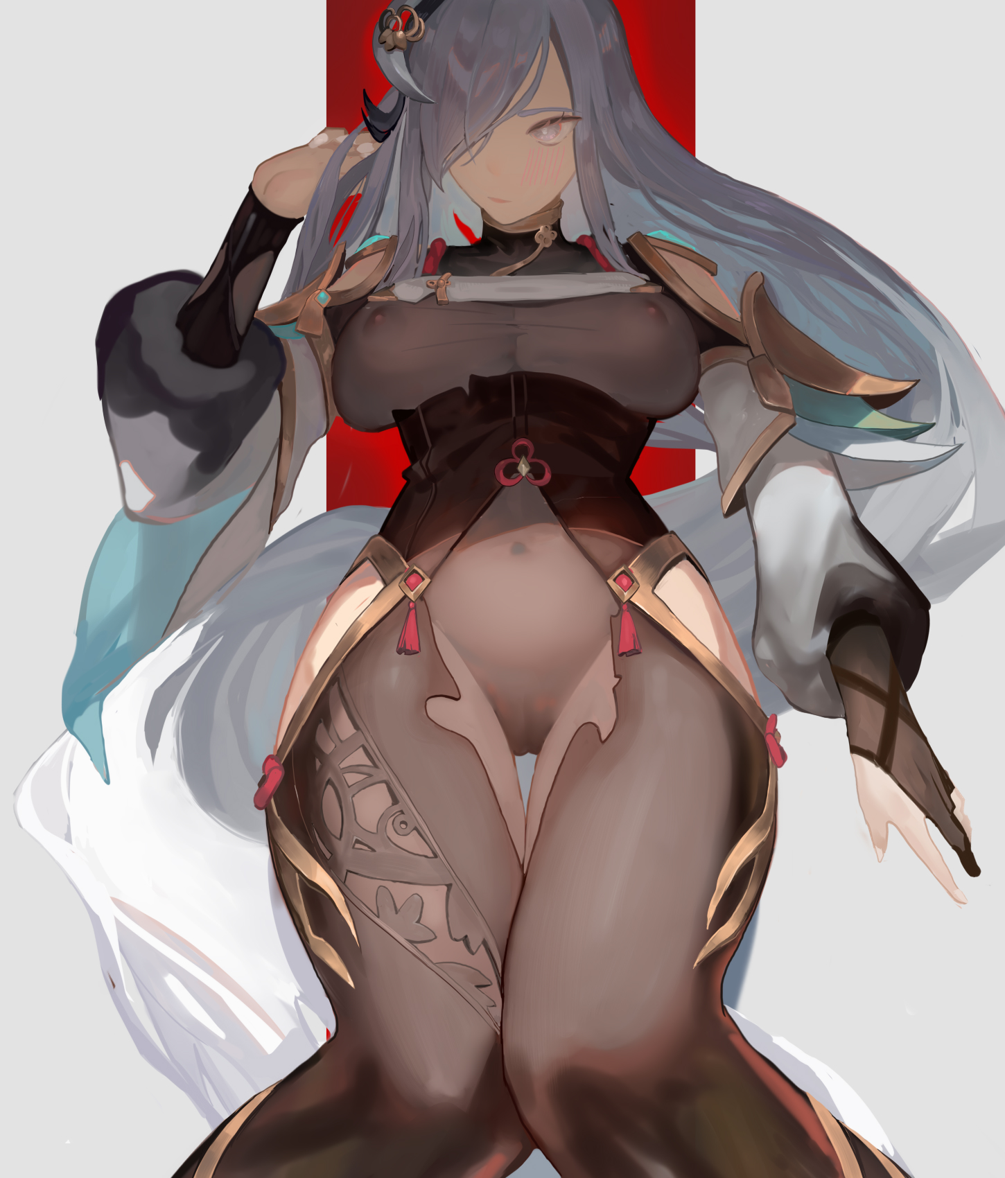 1girls, big breasts, blush, bottomwear, breasts, cameltoe, clothing, erect nipples, female, female only, genshin impact, hair, hair over one eye, hips, huge breasts, light skin, light-skinned female, long hair, mature, mature female, nipples, nipples visible through clothing, pussy, shenhe (genshin impact), solo, topwear, vicccccc123, white eyes, white hair
