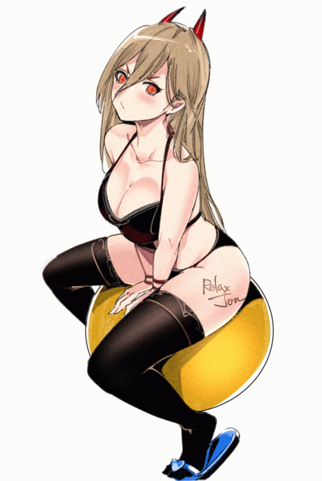 1girls, big breasts, blonde hair, blush, bra, breasts, chainsaw man, demon, demon girl, doodle, eye contact, female, female focus, female only, horns, legwear, long hair, looking at viewer, panties, power (chainsaw man), relaxjon, solo, thighhighs, thighs