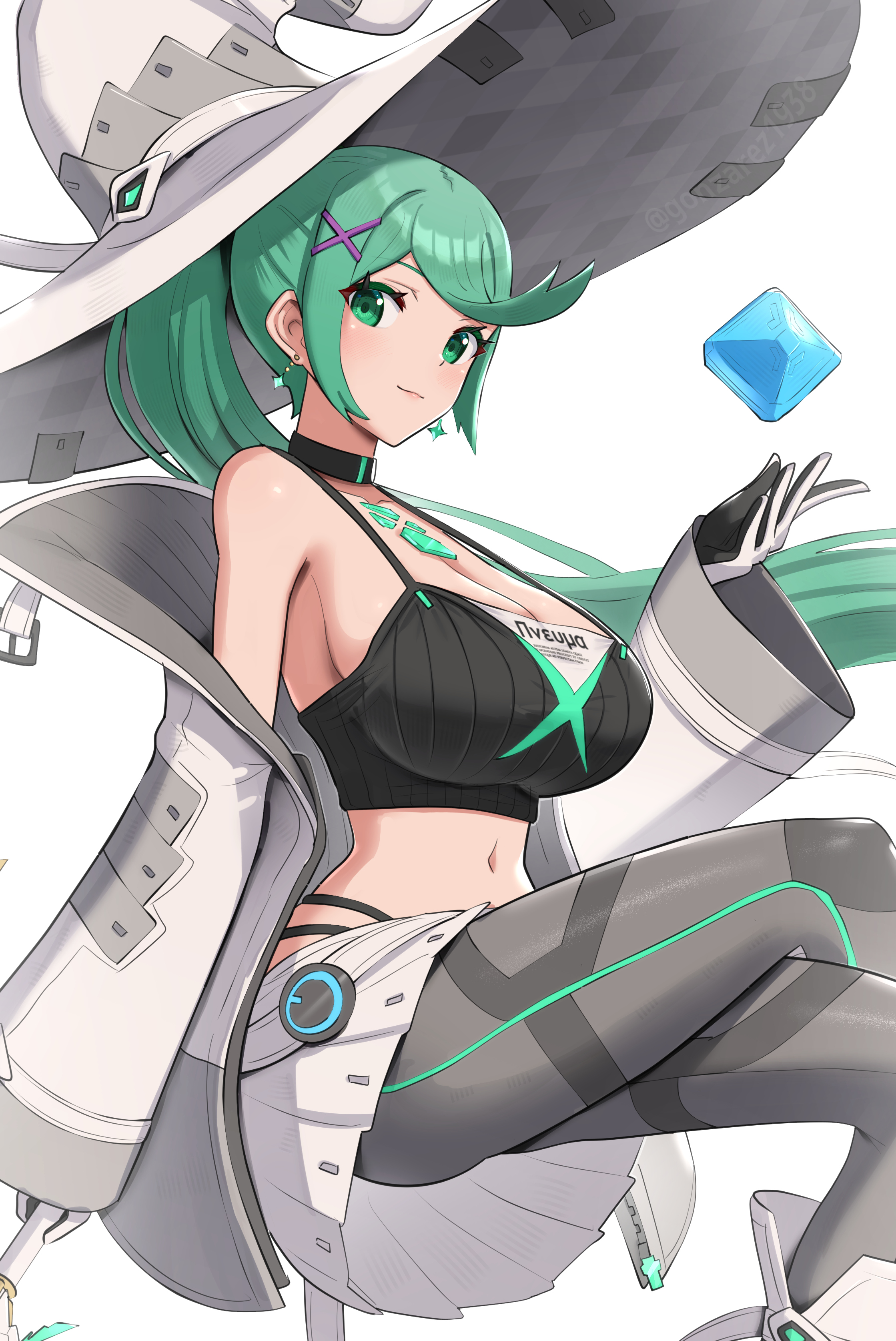 1girls, breasts, cleavage, core crystal, crossed legs, female, gonzarez, green eyes, green hair, hat, hi res, hips, huge breasts, large breasts, large hat, light skin, light-skinned female, long hair, long ponytail, looking at viewer, nintendo, pneuma (xenoblade), ponytail, skirt, slim waist, smile, thick thighs, thighs, tights, wide hips, witch hat, xenoblade (series), xenoblade chronicles 2