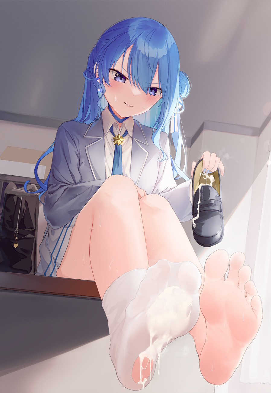 alternate_costume ankle_socks anklehighs bag bangs barefoot black_footwear blue_choker blue_eyes blue_hair blue_nails blue_necktie blush cardigan chinese_commentary choker collared_shirt commentary_request cum cum_in_shoes cum_on_body cum_on_clothes cum_on_feet feet female foot_focus footwear_fetish foreshortening grey_skirt highres holding holding_clothes holding_footwear hololive hololive_gen_0 hololive_japan hoshimachi_suisei indoors kou_futoshi leaning_forward legs loafers long_hair long_sleeves looking_at_viewer mixed-language_commentary nail_polish necktie no_shoes one_side_up parted_lips pleated_skirt school_bag school_uniform shadow shiny shiny_hair shirt shoes shoes_removed shoulder_bag side_ponytail sidelocks single_sock sitting skirt socks soles solo spread_toes star_(symbol) star_in_eye sweatdrop symbol_in_eye toenail_polish toenails toes torn_socks virtual_youtuber white_shirt white_socks