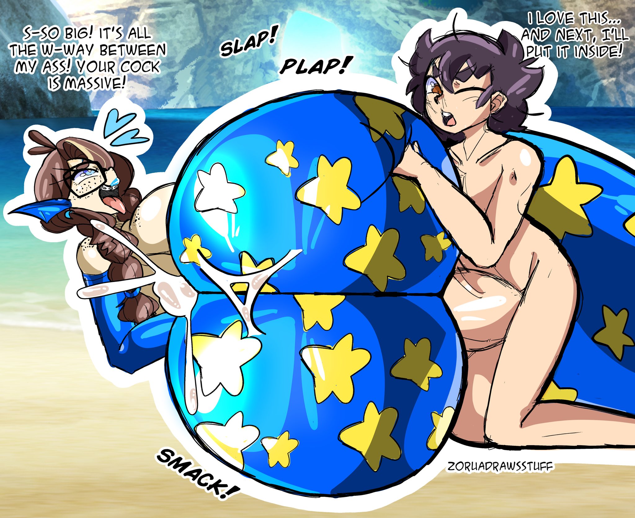 1boy, 1girls, 2022, artist name, artist self-insert, ass, assjob, beach, big ass, big penis, black hair, braces, brown hair, buttjob, corkscrew position, covered assjob, covered buttjob, cum between ass, dirty talk, duo, duo focus, fat ass, female, freckles, freckles on face, gigantic ass, glasses, huge ass, huge cock, huge penis, hyper ass, hyper genitalia, large ass, large penis, light skin, light-skinned female, light-skinned male, looking pleasured, male, merfolk, mermaid, mermaid girl, moonraige (character), naked, naked male, nerdy moonraige (character), nude, nude male, one eye closed, open mouth, original, outside, pale skin, pale-skinned female, pale-skinned male, penis, penis size talk, sand, seaside, sex, size talk, text, tongue, tongue out, uncensored, zoruadrawsstuff