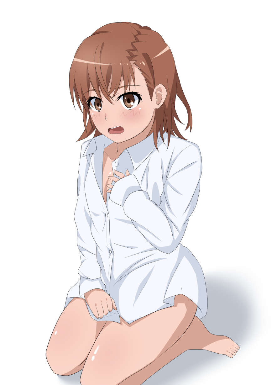 1girls 2020s 2022 bare_thighs barefoot blush brown_eyes brown_hair brunette cleavage collarbone embarrassed female kneeling light-skinned_female light_skin matching_hair/eyes misaka_mikoto open_mouth shirt shirt_only short_hair solo tabu teenage_girl teenager thighs to_aru_kagaku_no_railgun to_aru_majutsu_no_index toes white_background white_shirt young