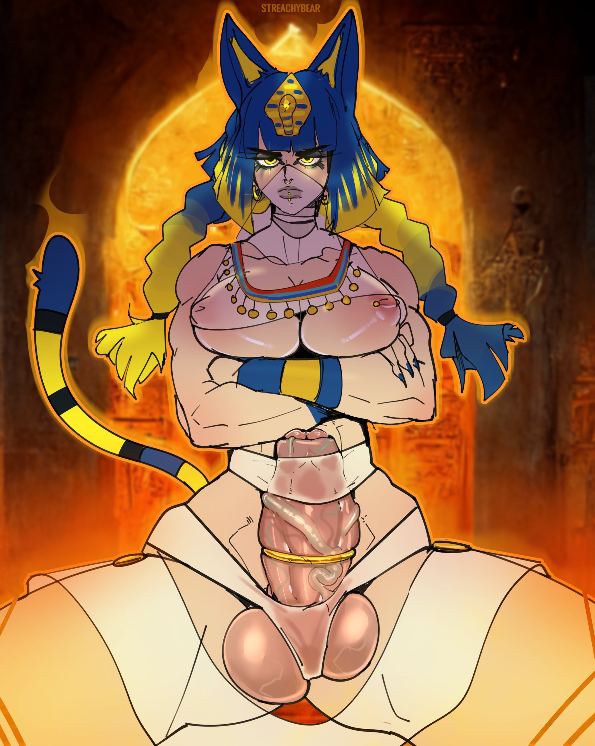 1futa, animal crossing, animal ears, ankha, ankha (cosplay), ankha ride (minus8), areolae, balls, big balls, big breasts, big penis, breasts, cat girl, catgirl, clothed, clothing, cock ring, erection, female, foreskin, futa only, futanari, humanized, humanoid, humanoid penis, intersex, kemonomimi, light skin, light-skinned futa, looking at viewer, mostly nude, muscular, muscular futa, nintendo, nipple piercing, nipples, partially retracted foreskin, penis, piercing, retracted foreskin, solo, solo futa, spread legs, standing, streachybear, uncircumcised, uncut, veiny penis