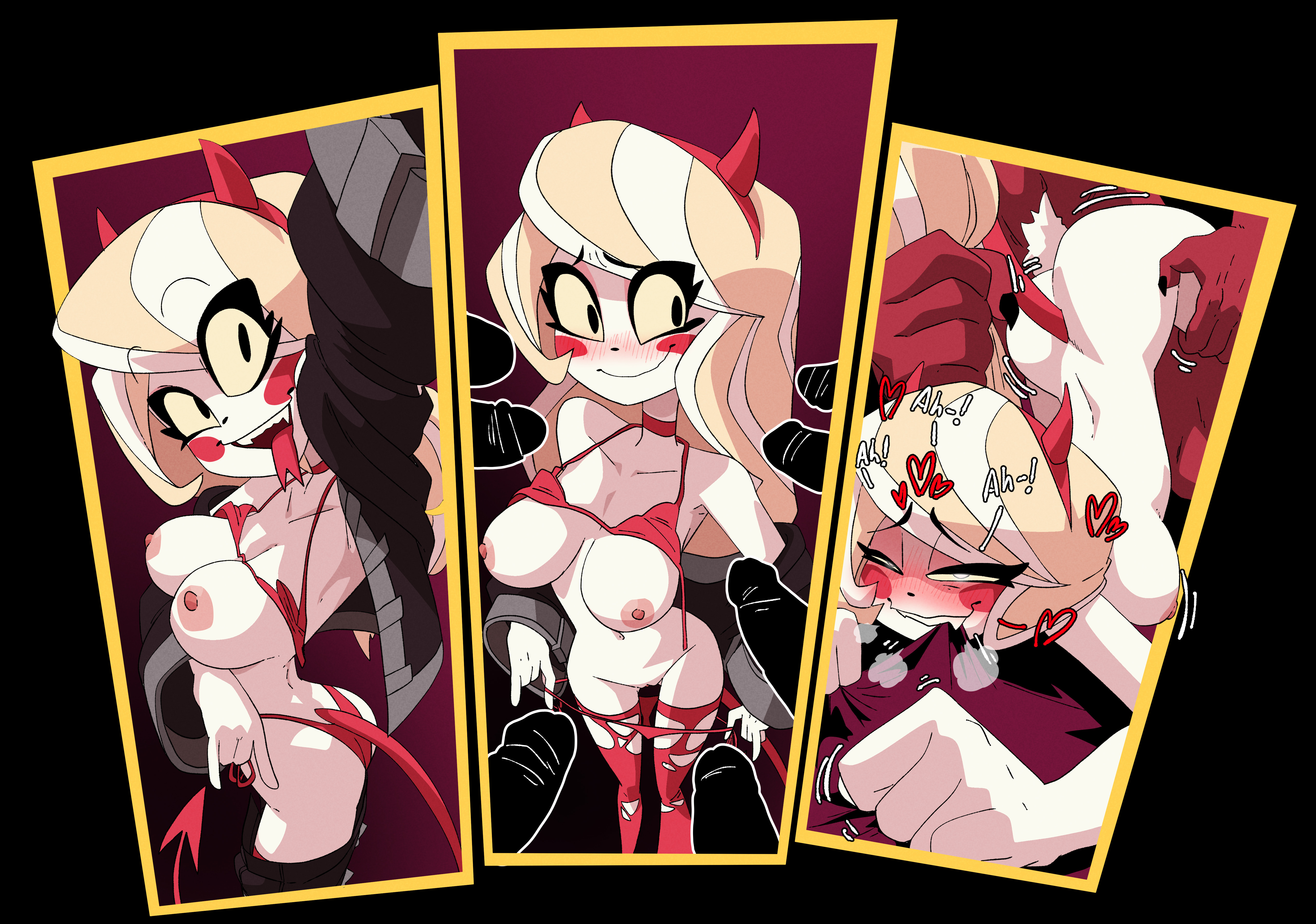 1boy, 1girls, anal, anal penetration, anal sex, ass, ass shake, big breasts, bra, breasts, charlie morningstar (hazbin hotel), clothing, demon, demon girl, embarrassed, female, gangbang, hazbin hotel, high resolution, horns, horns hairband, inker comics, inkershike, long hair, male, multiple boys, multiple males, multiple penises, naked, nipples, panties, partial male, penis, power cosplay, red bikini, seductive, sex, solo female, tagme, white skin