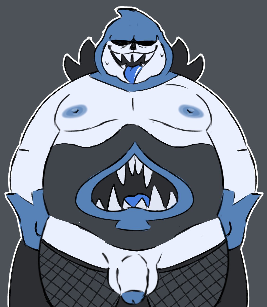 1boy anthro balls belly big_belly blue_nipples bodily_fluids bottomwear clothed clothing darkner deltarune flaccid genitals grey_background hi_res hood humanoid king_spade male male/male male_only mature_anthro mature_male monster moobs nipples overweight overweight_male partially_clothed penis simple_background slightly_chubby smut_leo solid_color_background solo solo_male sweat undertale_(series) video_games white_body