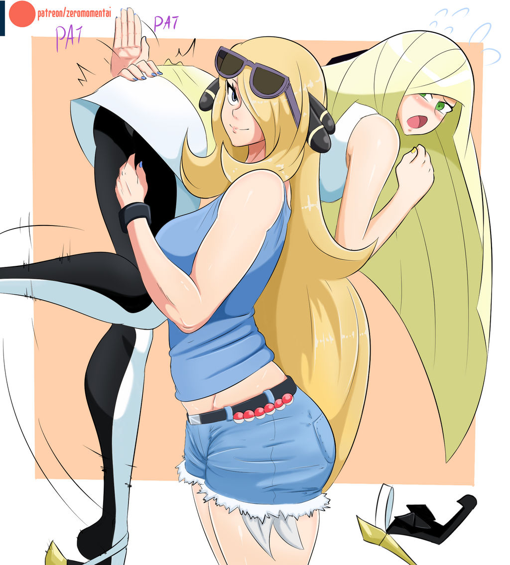 2girls, belt, blonde hair, blue shirt, breasts, captured villainess, carrying partner, clothed, cynthia (pokemon), damsel in distress, defeated villainess, dress, female, female focus, female only, female/female, femdom, femsub, forced, green eyes, grey eyes, hair ornament, hair over one eye, high heels, jean shorts, large breasts, long hair, lusamine (pokemon), multiple females, multiple girls, nintendo, painted fingernails, poke ball, pokemon, pokemon dppt, pokemon sm, scared, shirt, spanking, submissive, submissive female, sunglasses on head, uncomfortable, villainess, white dress, worried, zeromomentai