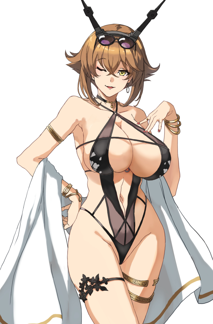 armlet black_one-piece_swimsuit bracelet breasts brown_hair choker crossed_bangs earrings eyewear_on_head female hair_between_eyes hand_on_own_hip headgear huge_breasts jewelry kantai_collection mutsu_(kantai_collection) nail_polish navel one-piece_swimsuit one_eye_closed open_mouth short_hair simple_background single_earring solo sunglasses swimsuit thigh_strap white_background yashiro_(silver_will) yellow_eyes