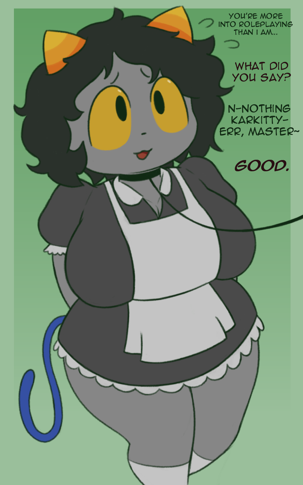 10:16 alien alien_humanoid animal_humanoid apron big_breasts black_hair bodily_fluids breasts cat_tail clothed clothing collar dialogue english_text female footwear frilly fully_clothed grey_body grey_skin hair hi_res homestuck horn horned_humanoid humanoid karkat_vantas kinktober leash leash_and_collar legwear looking_at_another looking_at_partner maid_uniform mammal mammal_humanoid master messy_hair ms_paint_adventures nepeta_leijon open_mouth roleplay short_stack shortstack side_boob simple_background socks solo sweat text thick_thighs troll uniform webcomic webcomic_character yellow_sclera zlut385