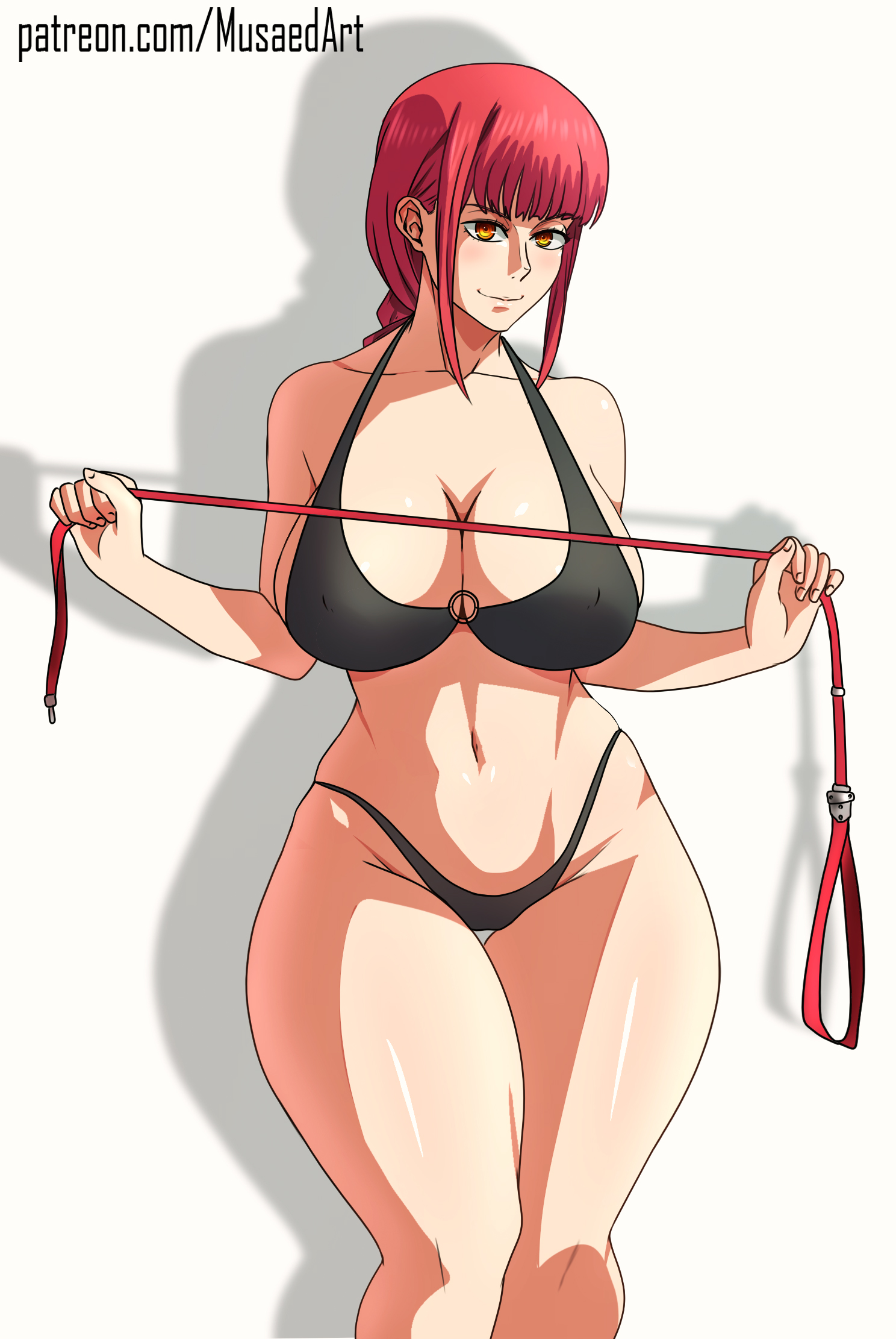 1girls, big breasts, bra, braided hair, breasts, chainsaw man, female, female only, huge breasts, long hair, makima (chainsaw man), musaed art, panties, red hair, red-haired female, shiny skin, smile, solo, standing, thick thighs, thighs, wide hips, yellow eyes