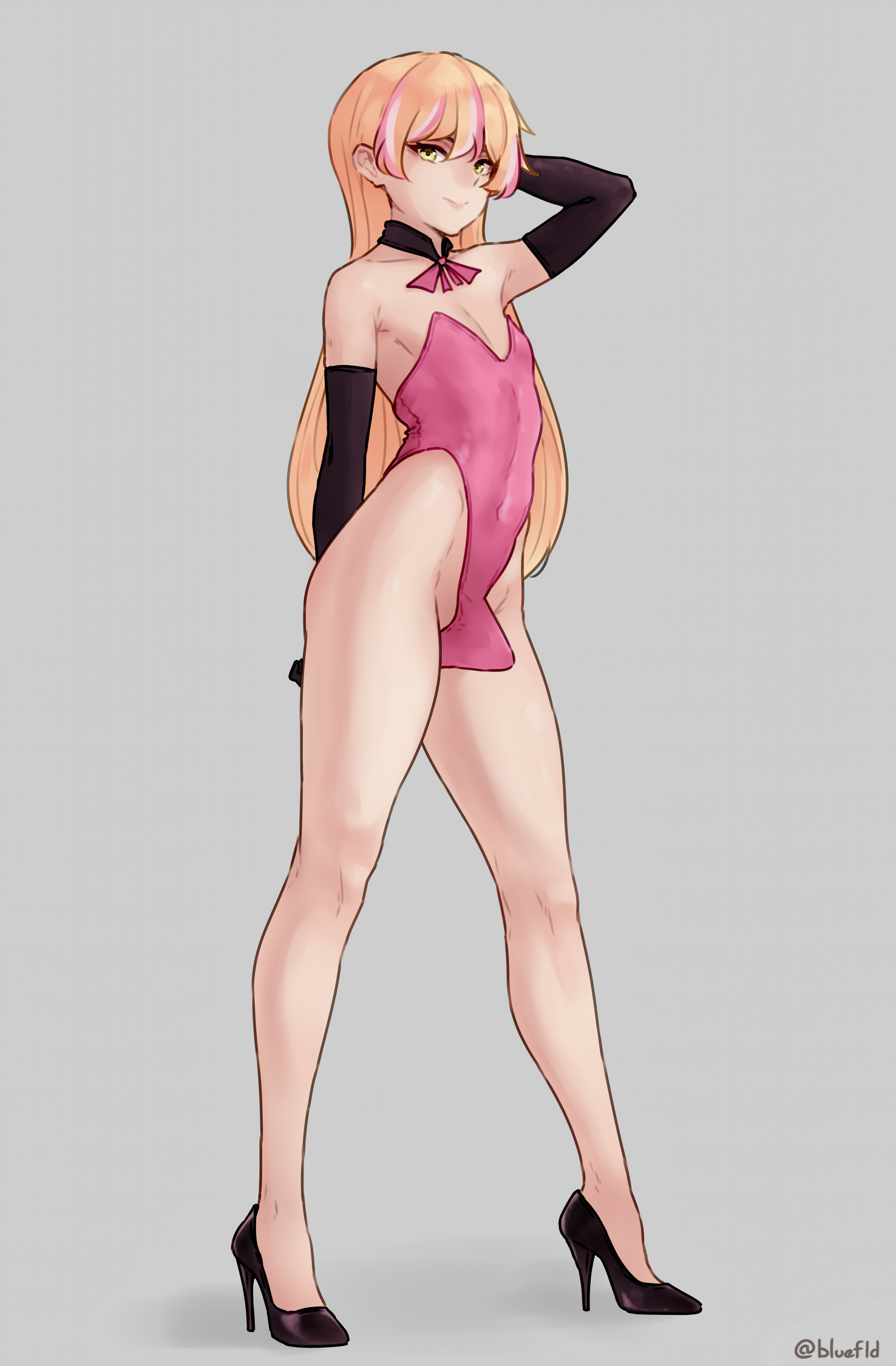 1boy, artist name, blonde hair, bluefield, bulge, crossdressing, erection under clothes, femboy, from side, girly, heels, high heels, long hair, looking at viewer, male, male only, solo, trap, yellow eyes