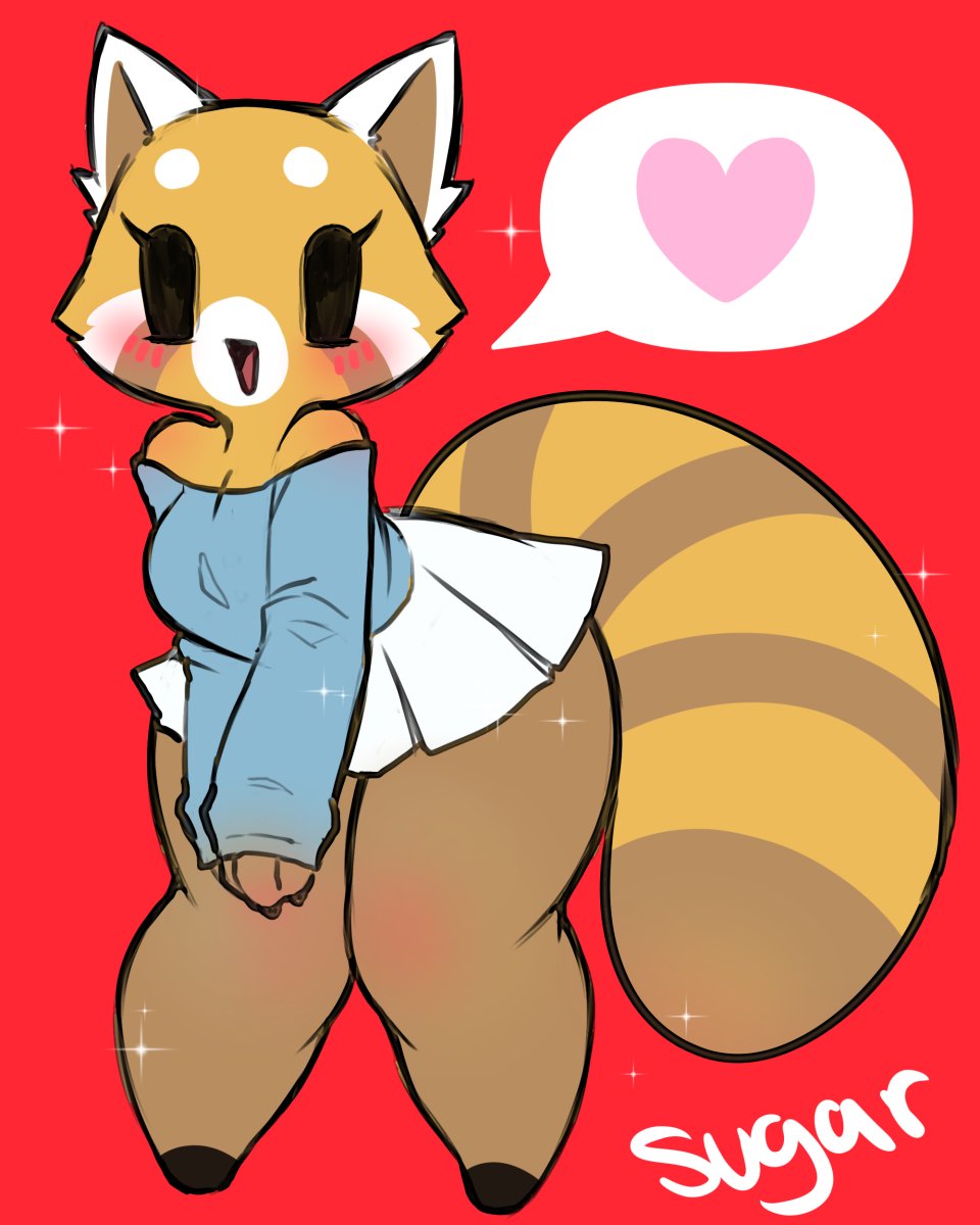 <3 aggressive_retsuko aggretsuko artist_request black_eyes black_shoes blue_shirt blush blush_lines blushing blushing_at_viewer claws digital_media_(artwork) eyelashes flat_colors hands_together large_tail leggings long_sleeve_shirt long_sleeves looking_at_viewer mouth_open netflix no_nose open_mouth orange_fur red_background red_panda retsuko sanrio shoulderless_shirt shoulderless_topwear simple_background small_skirt sparkles speech_bubble striped_tail two-tone_fur two-tone_tail white_ears white_skirt