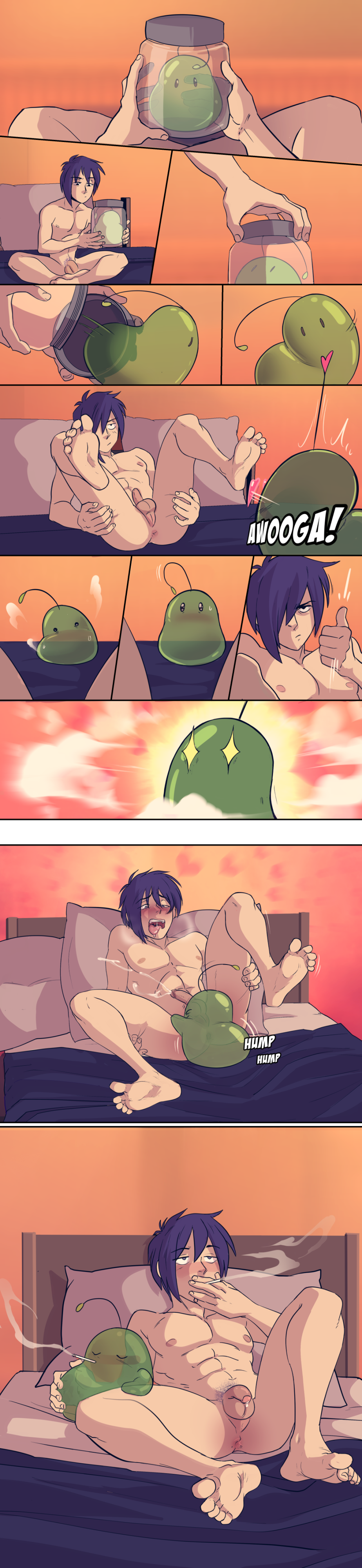 ass, black hair, booty electric, ejaculation, feet, feet up, feral, feral on human, feral on male, flaccid, flaccid penis, gay, male, male only, masculine, monster, orgasm face, orgasm from anal, penis, presenting ass, sebastian (stardew valley), slime, slime (stardew valley), smoking, stardew valley, yaoi