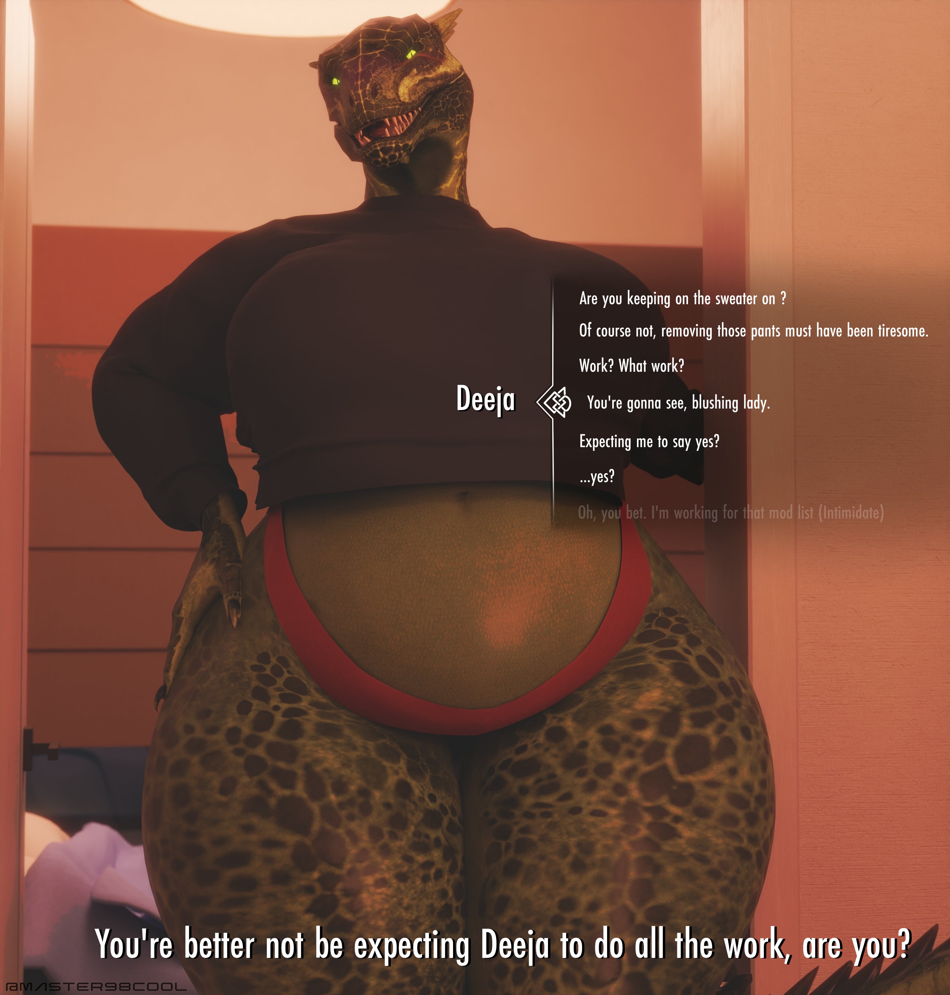 1girls, 2022, 3d, 3d (artwork), anthro, argonian, arms at sides, artist name, belly, belly button, bethesda softworks, big breasts, breasts, busty, coolmaster98, crop top, curvaceous, curves, curvy, curvy body, curvy female, curvy figure, deeja, detailed background, dialogue, dialogue options, english, english dialogue, english subtitles, english text, eye contact, feet out of frame, female, female focus, female only, hands on hips, hi res, high resolution, highres, hips, horn, horns, hud, indoors, inside, large breasts, legs, legs together, looking at viewer, looking down, looking down at viewer, low-angle view, mouth open, navel, open mouth, panties, pov, pov eye contact, red panties, scalie, shirt, skyrim, solo, solo female, solo focus, standing, stomach, subtitled, talking, talking to viewer, teeth, text, text box, the elder scrolls, thick thighs, thighs, underwear, voluptuous, wide hips, yellow eyes, yellow sclera