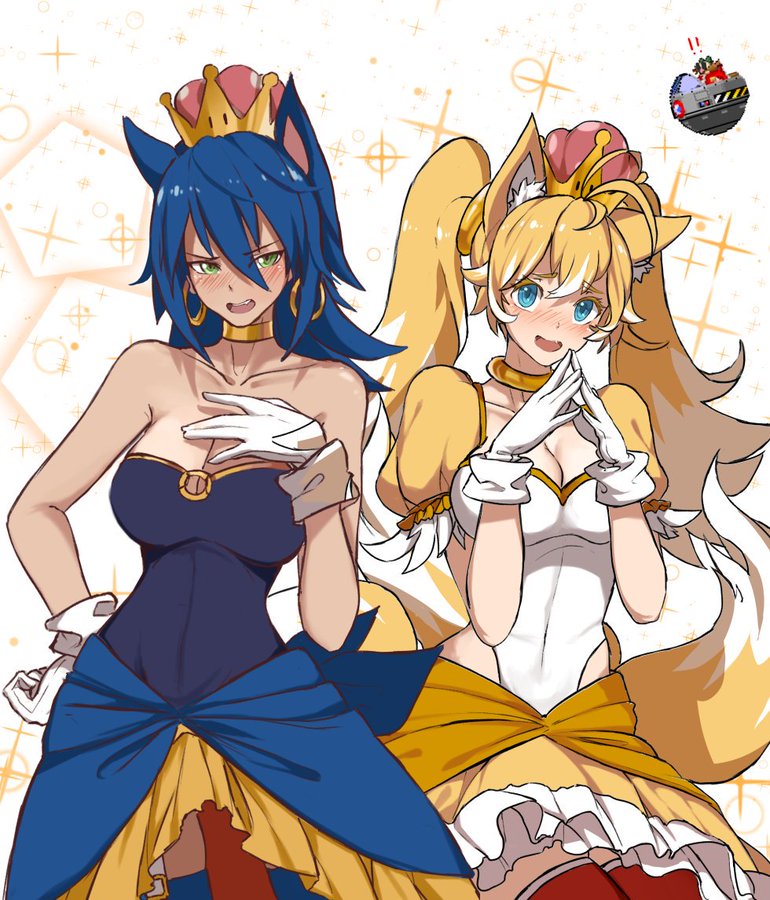 2girls big_breasts blonde_hair blue_eyes blue_hair blush cat_ears crown cute dishwasher1910 dr._eggman earrings hoop_earrings mario_(series) new_super_mario_bros._u_deluxe rule_63 sonic_(series) sonic_the_hedgehog sonic_the_hedgehog_(series) super_crown tails white_dress