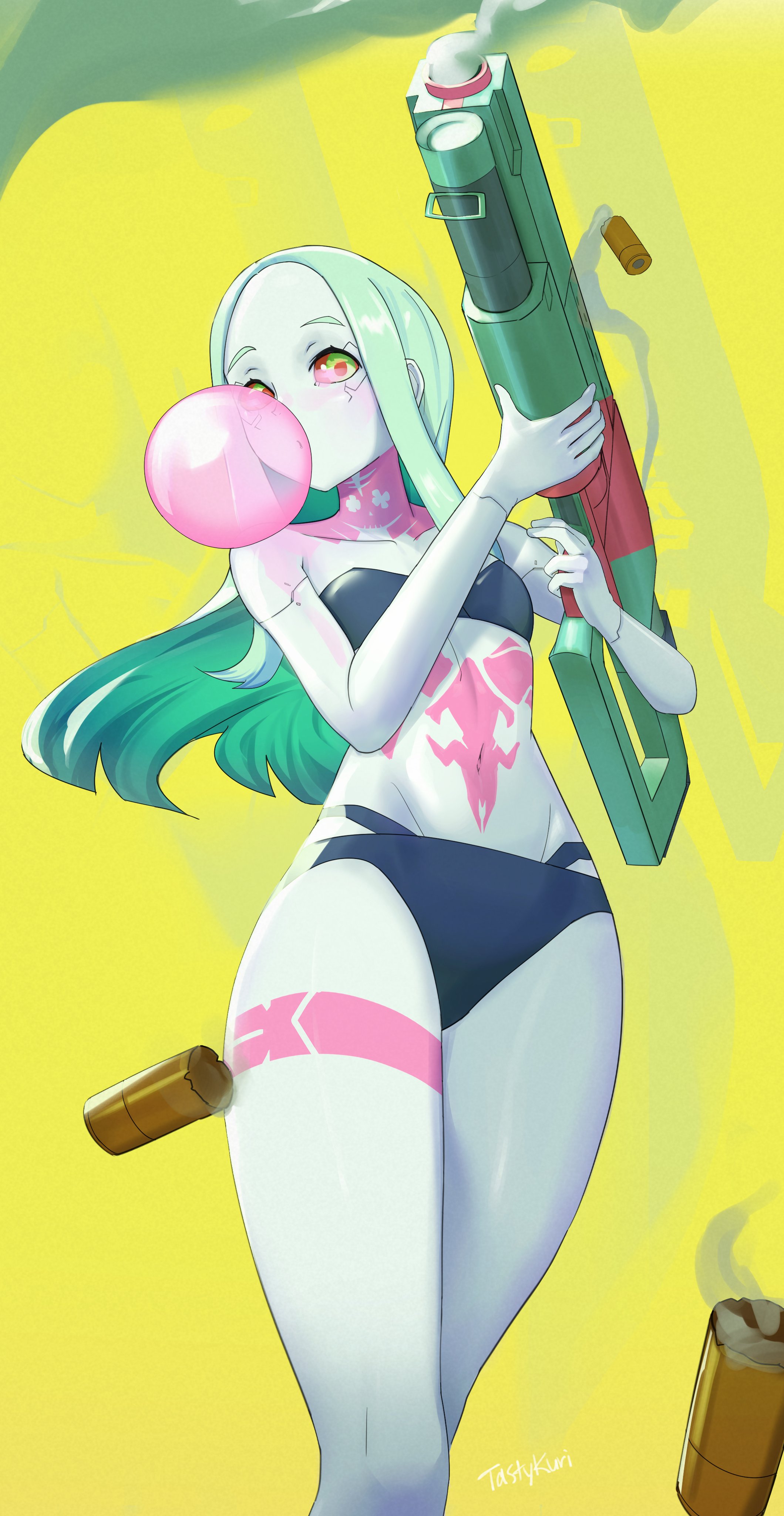 1girls, breasts, bubble gum, cd projekt red, clothing, cyberpunk 2077, cyberpunk: edgerunners, female, female only, firearm, gun, human, looking at viewer, netflix, nonsexual, pale skin, panties, rebecca (edgerunners), shotgun, small breasts, studio trigger, tastykuri, underwear, weapon
