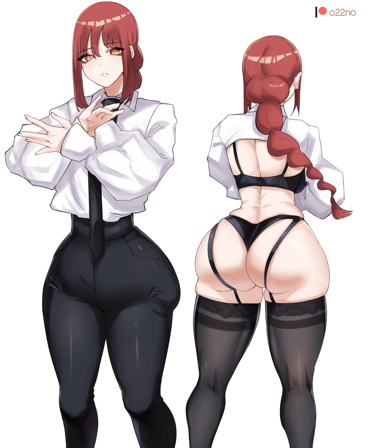 1girls, ass, backboob, bangs, black bra, black panties, black pants, bra, breasts, bubble ass, bubble butt, chainsaw man, clothed, clothes, female, garter straps, hips, huge ass, leggings, light skin, light-skinned female, lingerie, long hair, looking at viewer, makima (chainsaw man), o22no, panties, ponytail, red hair, sidelocks, skindentation, slim waist, solo, thick thighs, thighhighs, thighs, watermark, white shirt, wide hips, yellow eyes