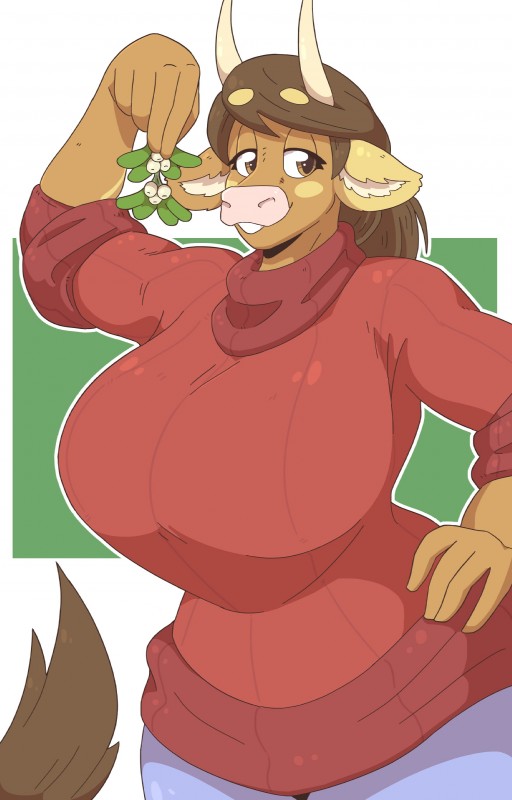 anthro big_breasts bovid bovine breasts brown_eyes brown_hair clothed clothing cow_horns female fur furry furry_only gigantic_breasts hand_on_hip horns huge_breasts large_breasts mistletoe molly_(slightlysimian) pink_nose slightlysimian smile solo sweater