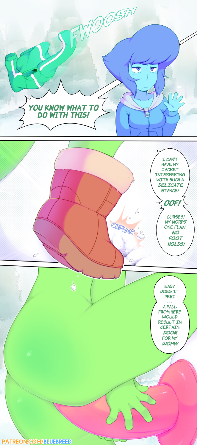 ass, bluebreed, dialogue, dildo, female, female only, lapis lazuli (steven universe), peridot (steven universe), pussy, sex toy, speech bubble, steven universe, text, vaginal penetration