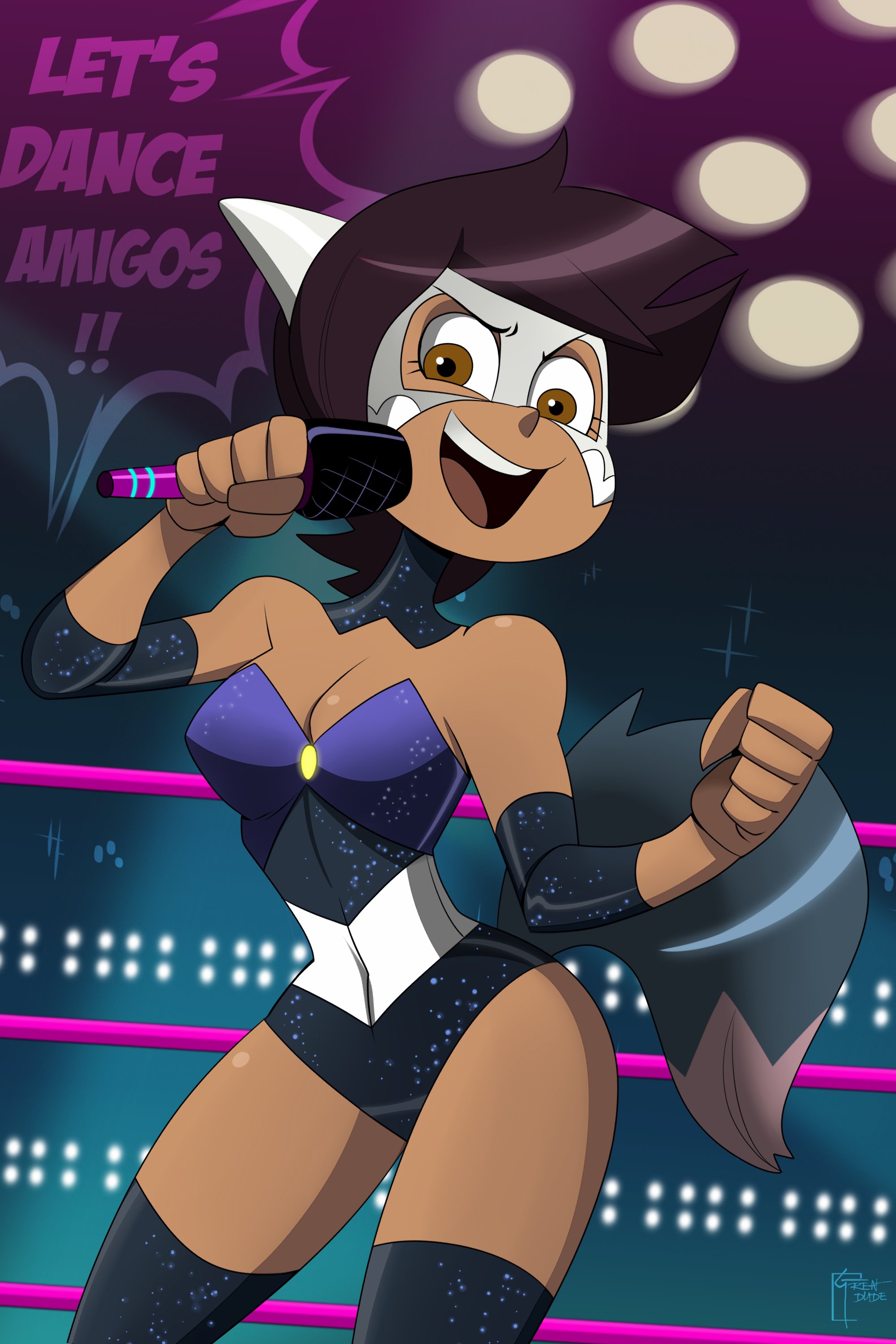 1girls, aged up, dark skin, dark-skinned female, disney, disney channel, disney xd, drakehernandez, female, female only, great dude, hispanic, luz noceda, revealing clothes, short hair, straight hair, tagme, text, the owl house, thick thighs, wide hips, wrestler, wrestling mask, wrestling outfit, wrestling ring