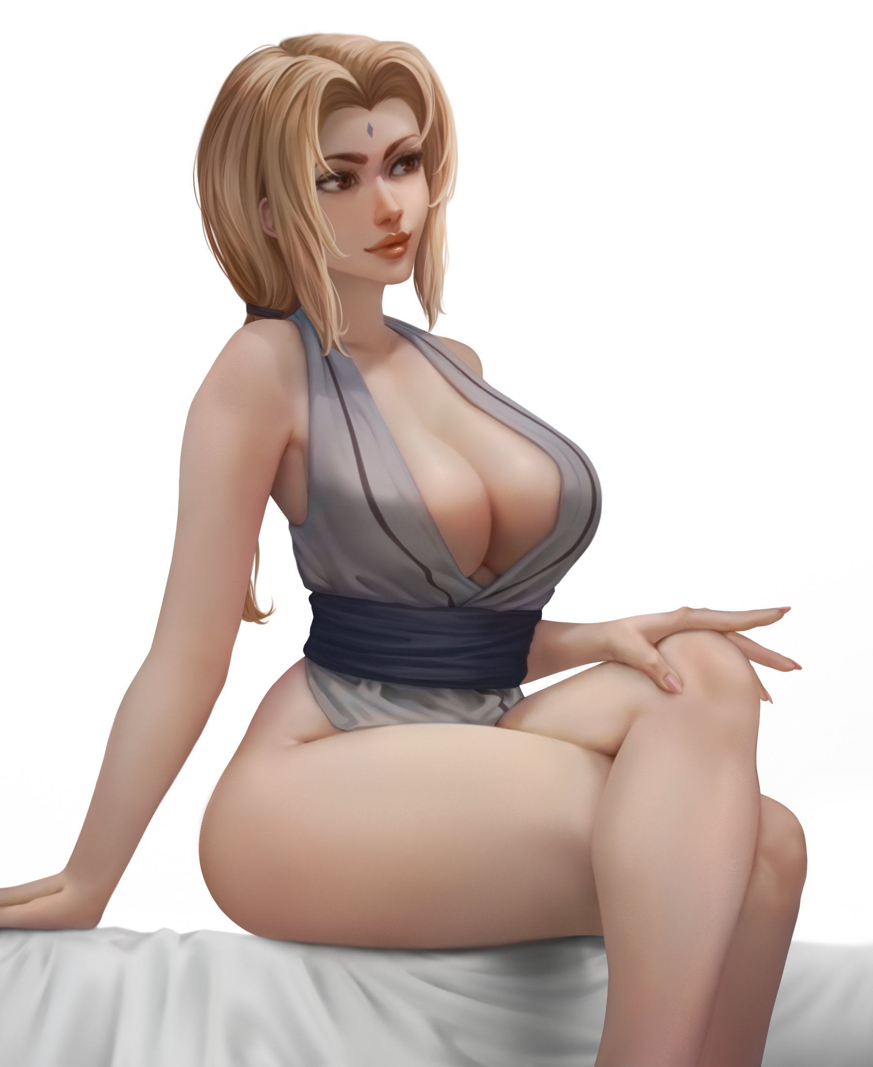 1girls, bare arms, bare legs, bare shoulders, bed, big breasts, blonde hair, breasts, brown eyes, busty, cleavage, fawoyu, female, female focus, female only, forehead jewel, forehead mark, hi res, highres, inner sideboob, large breasts, legs crossed, legs together, lips, lipstick, makeup, mature, mature female, milf, naruto, naruto (classic), naruto (series), naruto shippuden, no pants, on bed, pink lips, pink lipstick, pinup, ponytail, shounen jump, sitting, sleeveless shirt, solo, solo female, solo focus, thick thighs, thighs, tied hair, tsunade, voluptuous