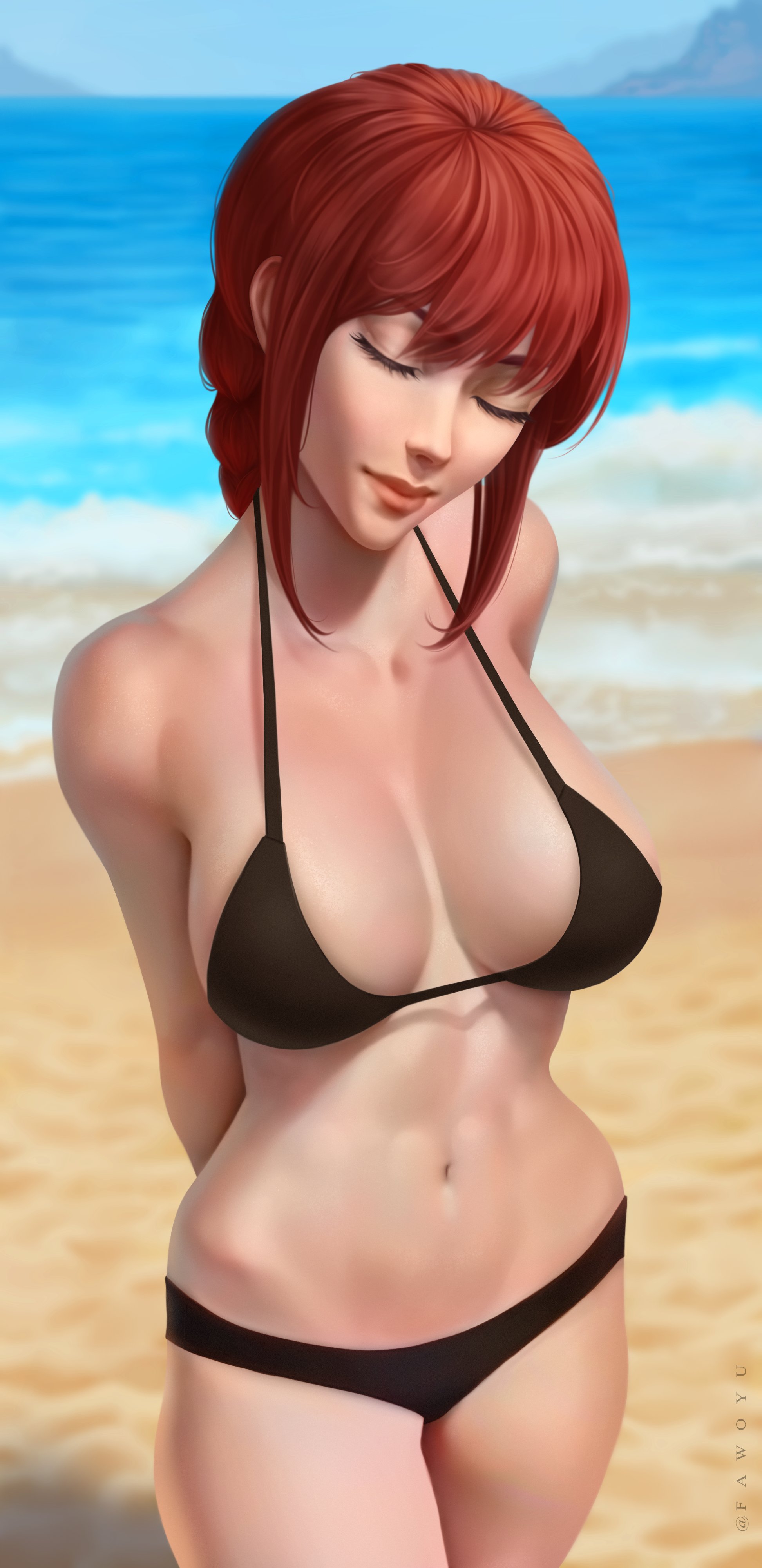 1girls, arms behind back, beach, belly button, big breasts, bikini, bikini bottom, bikini top, black bikini, black panties, black swimsuit, braided hair, braided ponytail, breasts, busty, chainsaw man, cleavage, closed eyes, fawoyu, female, female focus, female only, hi res, highres, inner sideboob, large breasts, lips, lipstick, makeup, makima (chainsaw man), ocean, panties, pink lips, pink lipstick, pinup, ponytail, pose, posing, realistic, red hair, sideboob, solo, solo female, solo focus, standing, swimsuit, tied hair, toned, toned female, voluptuous, wide hips