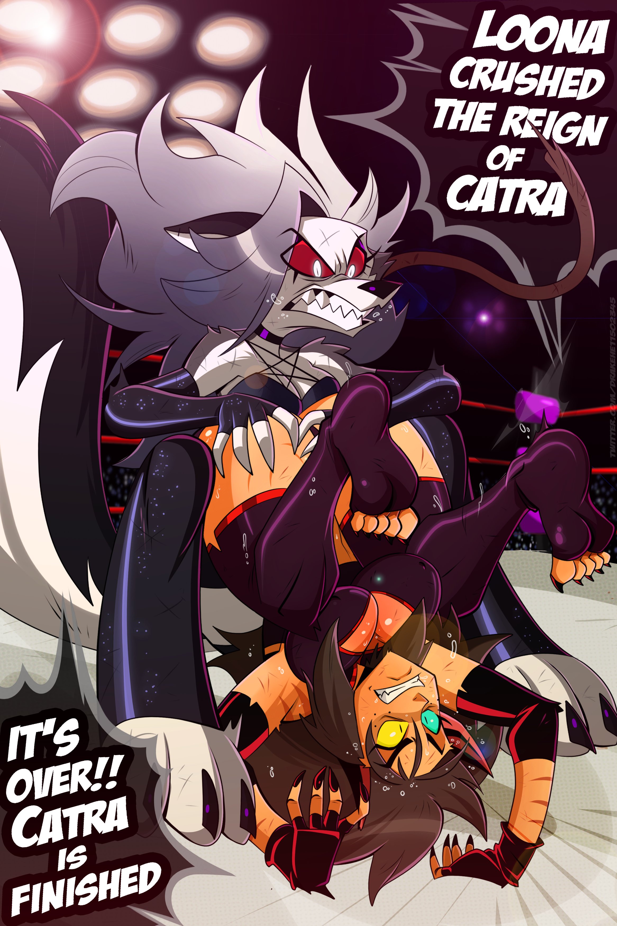 2022, 2girls, angry, artist name, big breasts, breasts, cat ears, cat girl, cat tail, catgirl, catra, crossover, demon, different eye color, dog ears, dog girl, dog tail, drakehernandez, female, female focus, female only, fight, furry, great dude, hands on ass, hellhound, helluva boss, loona (helluva boss), mammal, red sclera, she-ra and the princesses of power, teeth, text, wrestling, wrestling outfit, wrestling ring