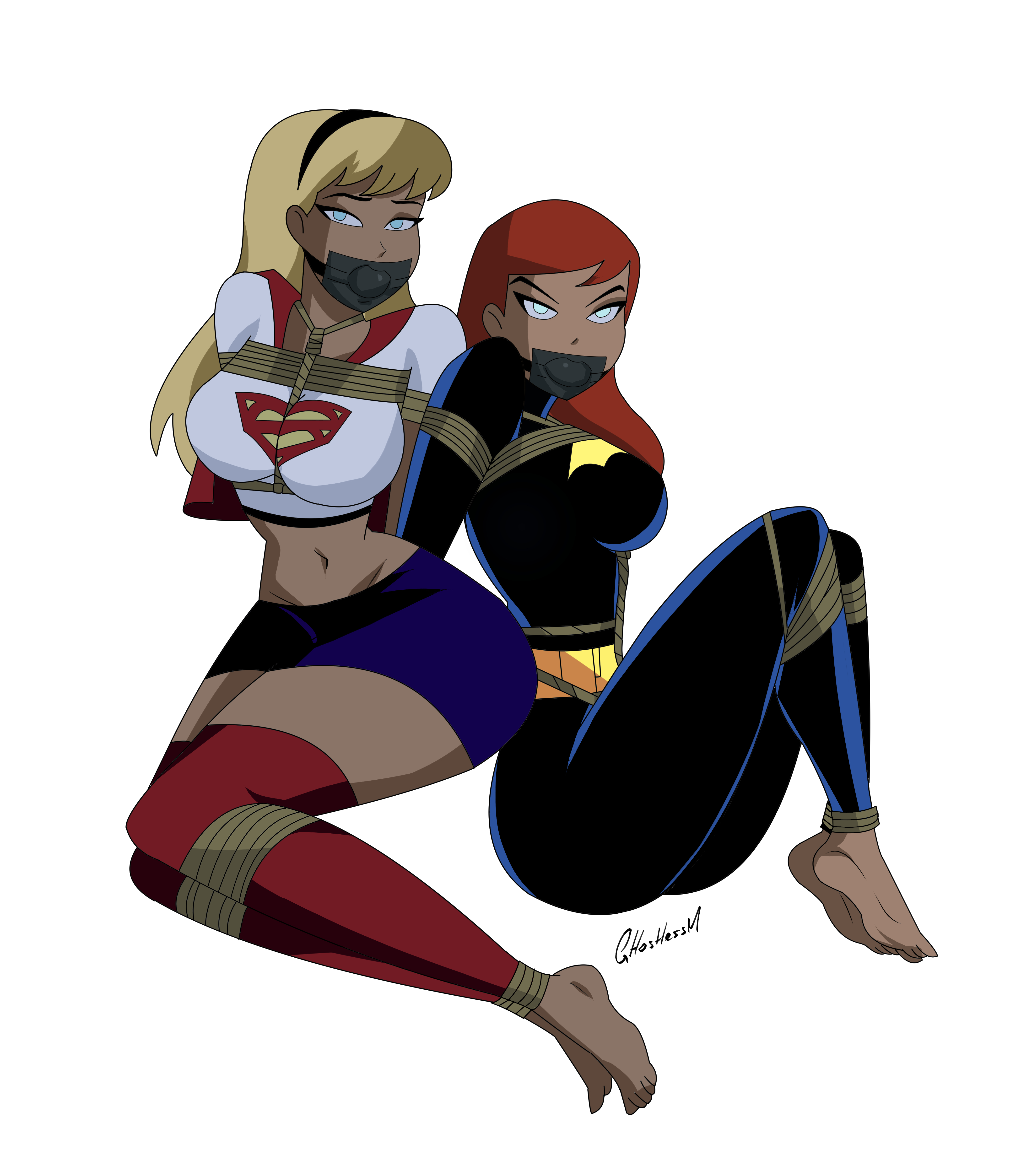 2022, 2d, 2girls, ball gag, barbara gordon, barefoot, batgirl, batman (series), batman: the animated series, big breasts, black bodysuit, blonde, blonde female, blonde hair, blue eyes, bondage, bound and gagged, bound ankles, bound legs, bound wrists, breasts, busty, captured heroine, captured superheroine, cyan eyes, damsel in distress, dc, dc comics, dcau, defeated heroine, defeated superheroine, exposed navel, exposed thighs, female, female only, femsub, fit, fit female, fully clothed, gagged, ghostlessm, green eyes, grumpy sub, human, kara danvers, kara zor-el, kryptonian, light skin, light-skinned female, looking at viewer, multiple females, multiple girls, multiple subs, orange hair, perky breasts, red hair, red legwear, redhead, restrained, rope between breasts, rope bondage, shoes removed, supergirl, supergirl (dcau), superman (series), superman: the animated series, the new batman adventures, thick thighs, thin female, tied up, unhappy female, white background, white t-shirt, wide hips